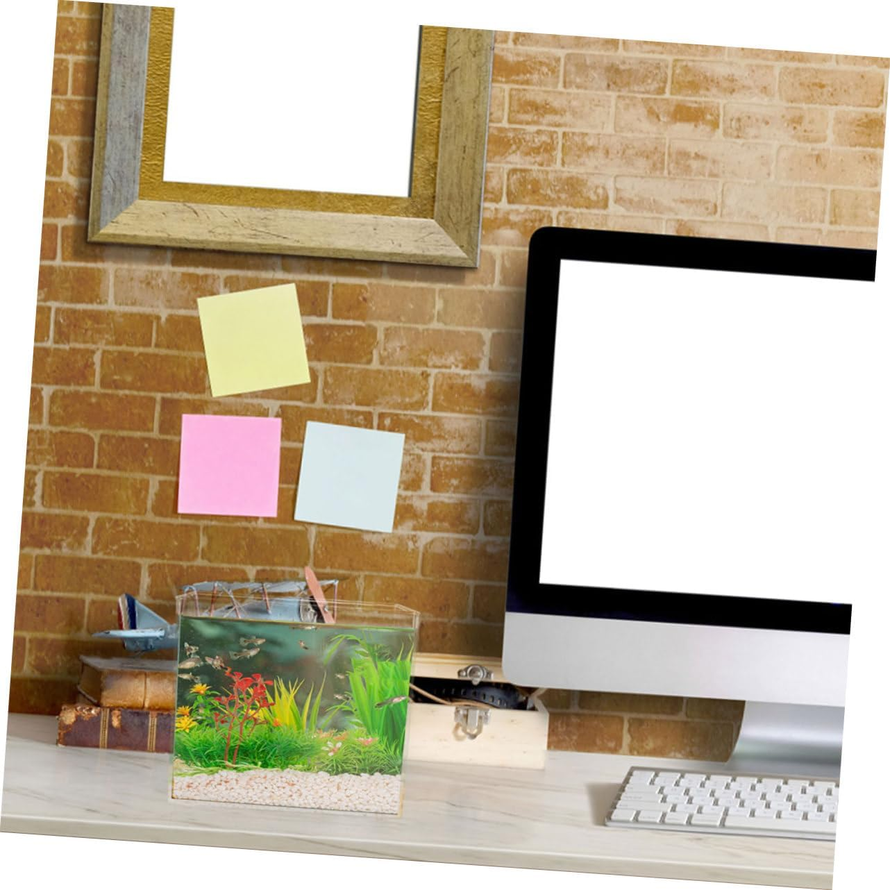 DECHOUS 2Pcs Mini Desktop Fish Aquarium Tank Clear Plastic Small Fish Tank with Open Top Design Portable for Home Office Space Saving Reusable Aquarium for Turtles and Aquatic Pets image number 2