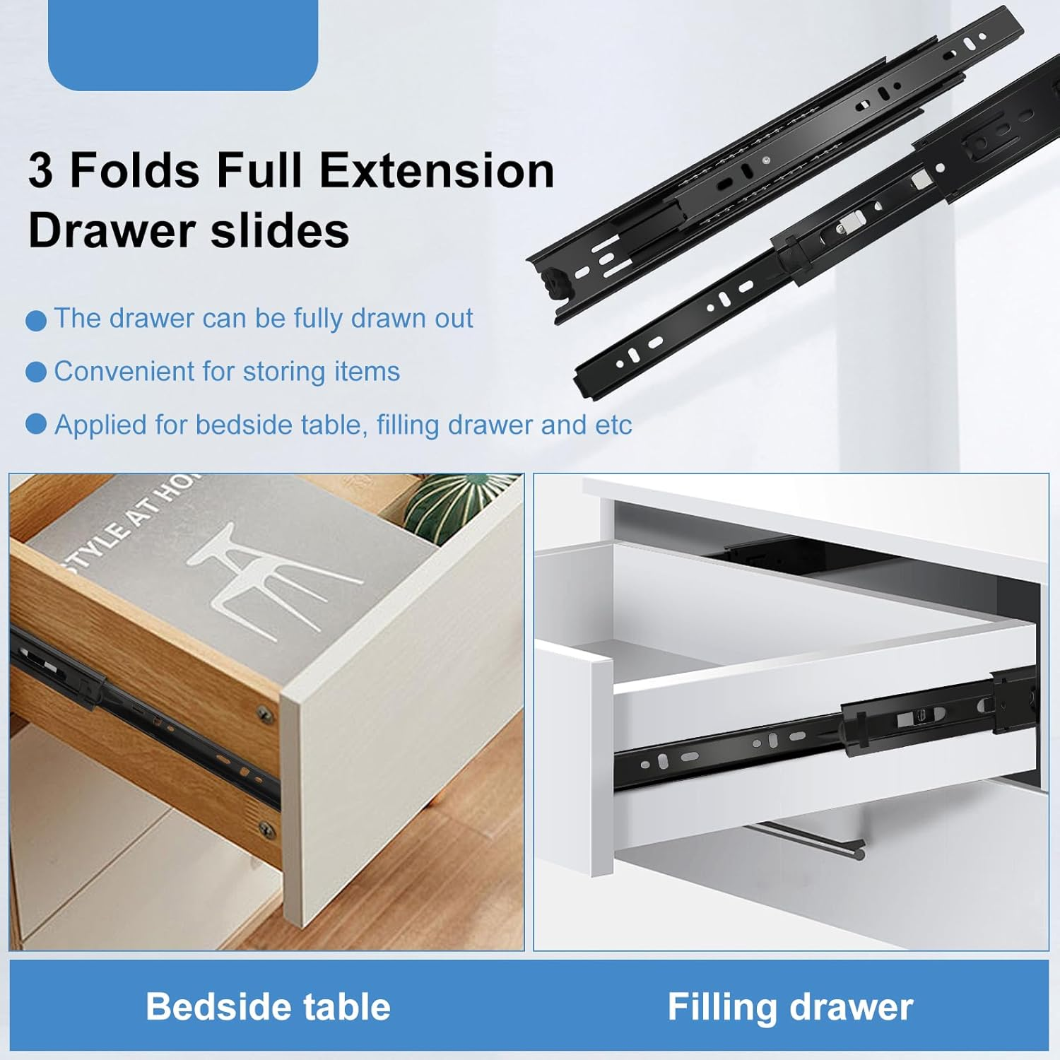 Drawer Runners, 10 Inch 4 Pairs (8 Pack) Full Extension Ball Bearing Drawer Runners, Side Mount, 3-Fold Metal Dresser Runners for Filing Cabinet, Trash Can, Kitchen, Wardrobe, 25.4 image number 4