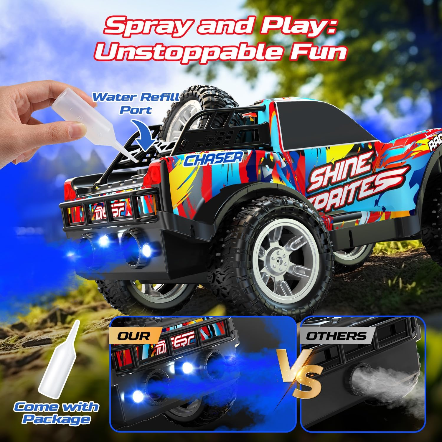 DEERC Remote Control Car for Boys & Girls Ages 4-8, Spray RC Truck with Music & Colorful LED Lights, 2.4Ghz All-Terrain Drift Vehicle, 2 Rechargeable Batteries, 40 Mins Playtime, Birthday Toy for Kids image number 4