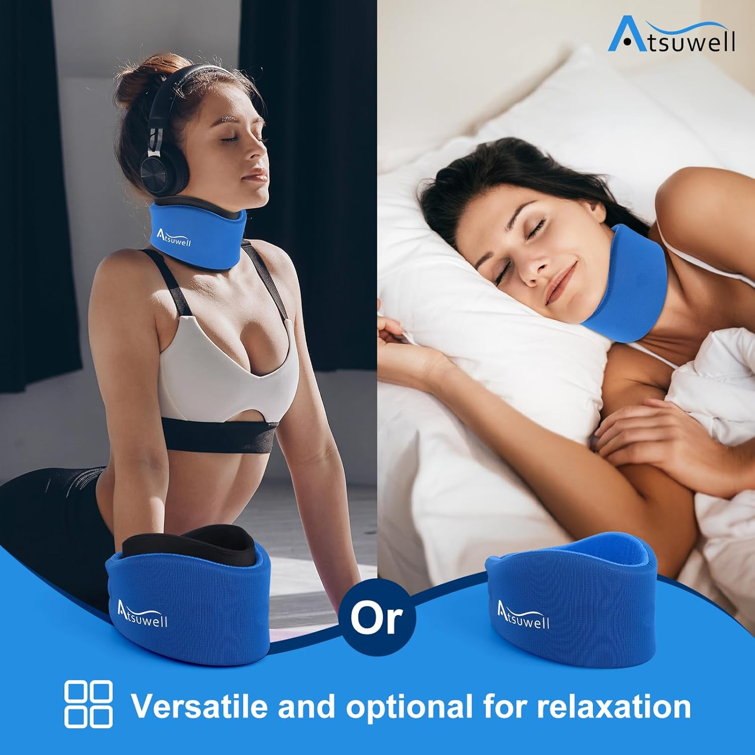 Atsuwell Neck Brace for Sleeping, Soft Cervical Collar for Neck Pain and Support, Adjustable Neck Support Brace with Hot Cold Gel Packs Reusable for Office Pressure, Surgery Recovery, Fatigue, Blue image number 3