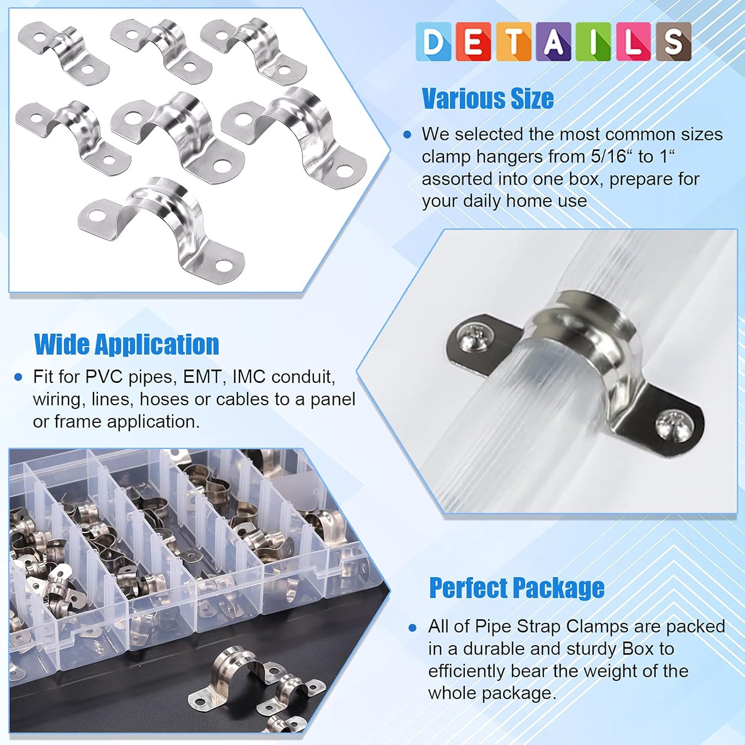 Glarks 85Pcs Pipe Strap Clamp Set M8 M10 M12 M14 M16 M20 M25 304 Stainless Steel Two Hole Strap Heavy Duty Rigid Pipe Strap U Bracket Tube Strap Assortment Kit for Pipe Tube Fixing image number 2