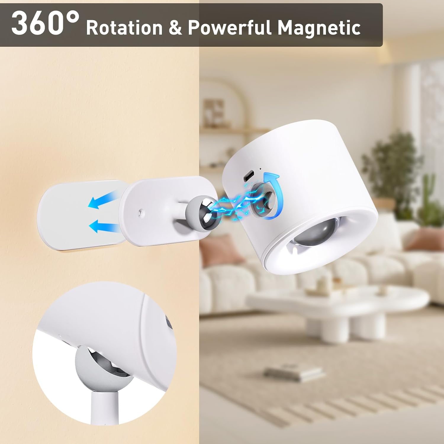 Roshin 2 Pack LED Wall Lights with USB Port - Battery Operated Wall Lights with 3 Color Temperatures & 3 Brightness - 360&deg; Illumination Night Light for Bedroom image number 3