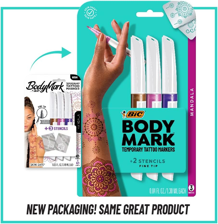 Bodymark BIC Temporary Tattoo Marker with Fine Tip, Mandala, Assorted Colors, Pack of 3 Markers + 3 Stencils image number 4