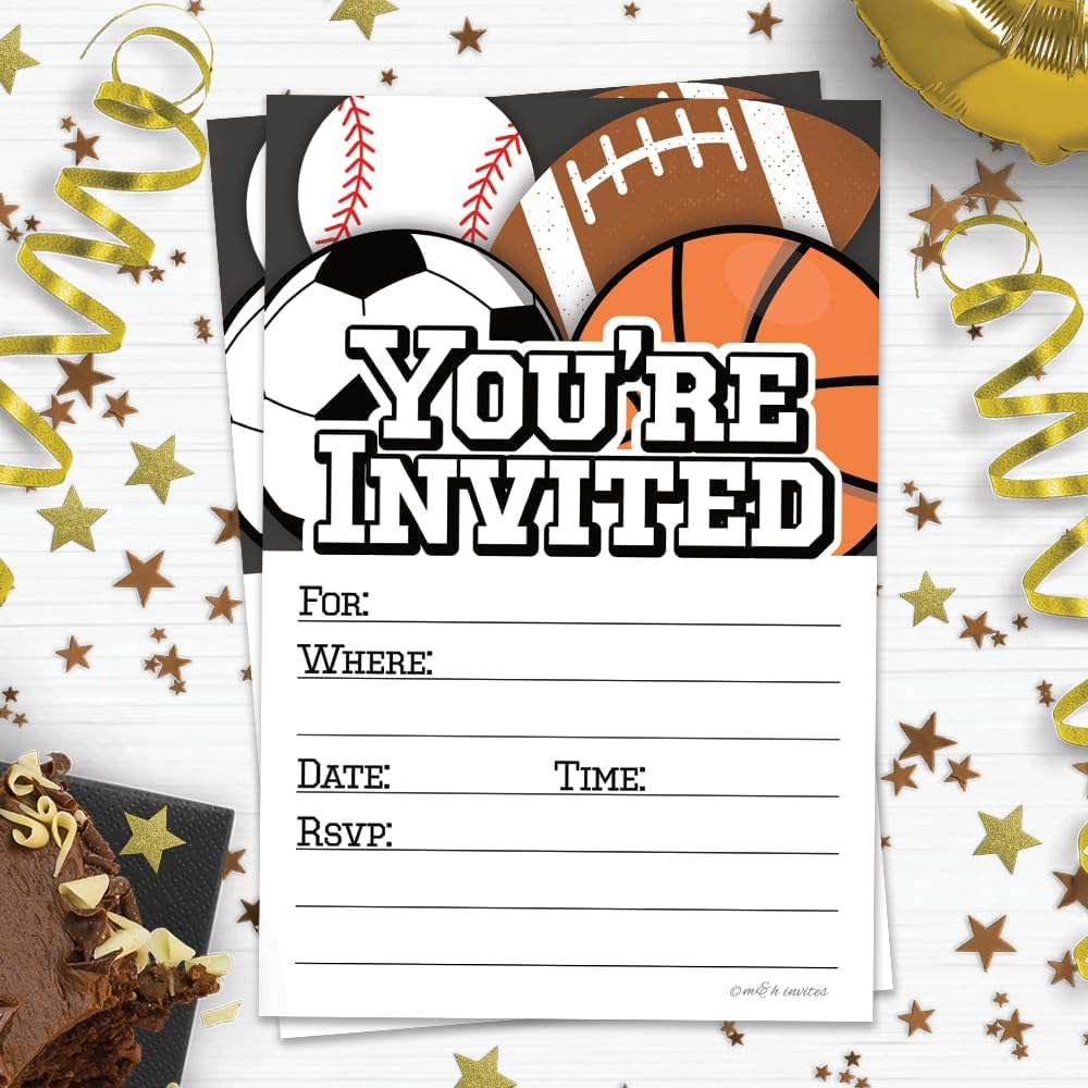 Sports Party Invitations (20 Count) with Envelopes - Football, Soccer, Baseball and Basketball image number 2