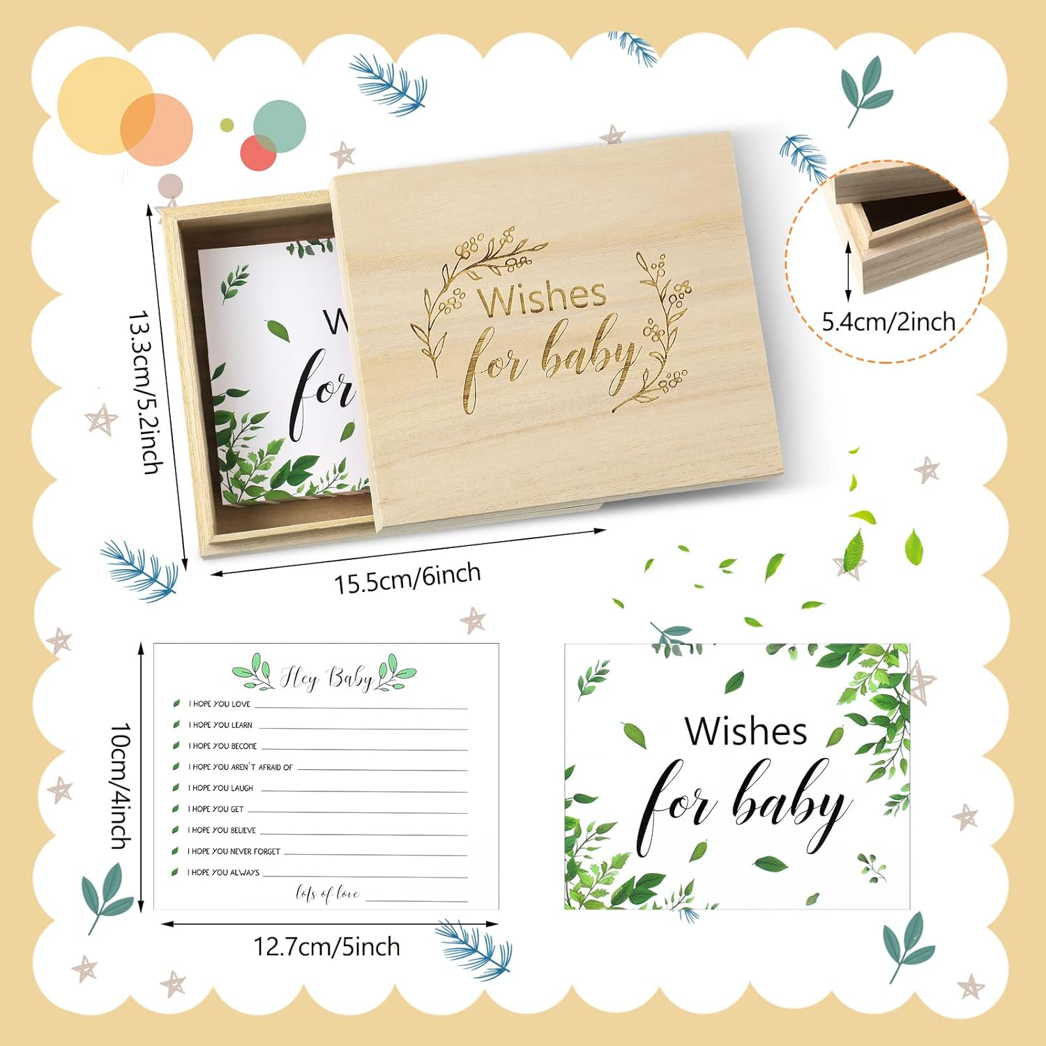 50 Pcs Botanical Baby Shower Advice Cards with Wooden Keepsake Box, Greenery Wishes Card for Baby Shower Double Sided Advice and Wishes Cards for New Parents Boys Girls Showers Gender Reveal Decor image number 3