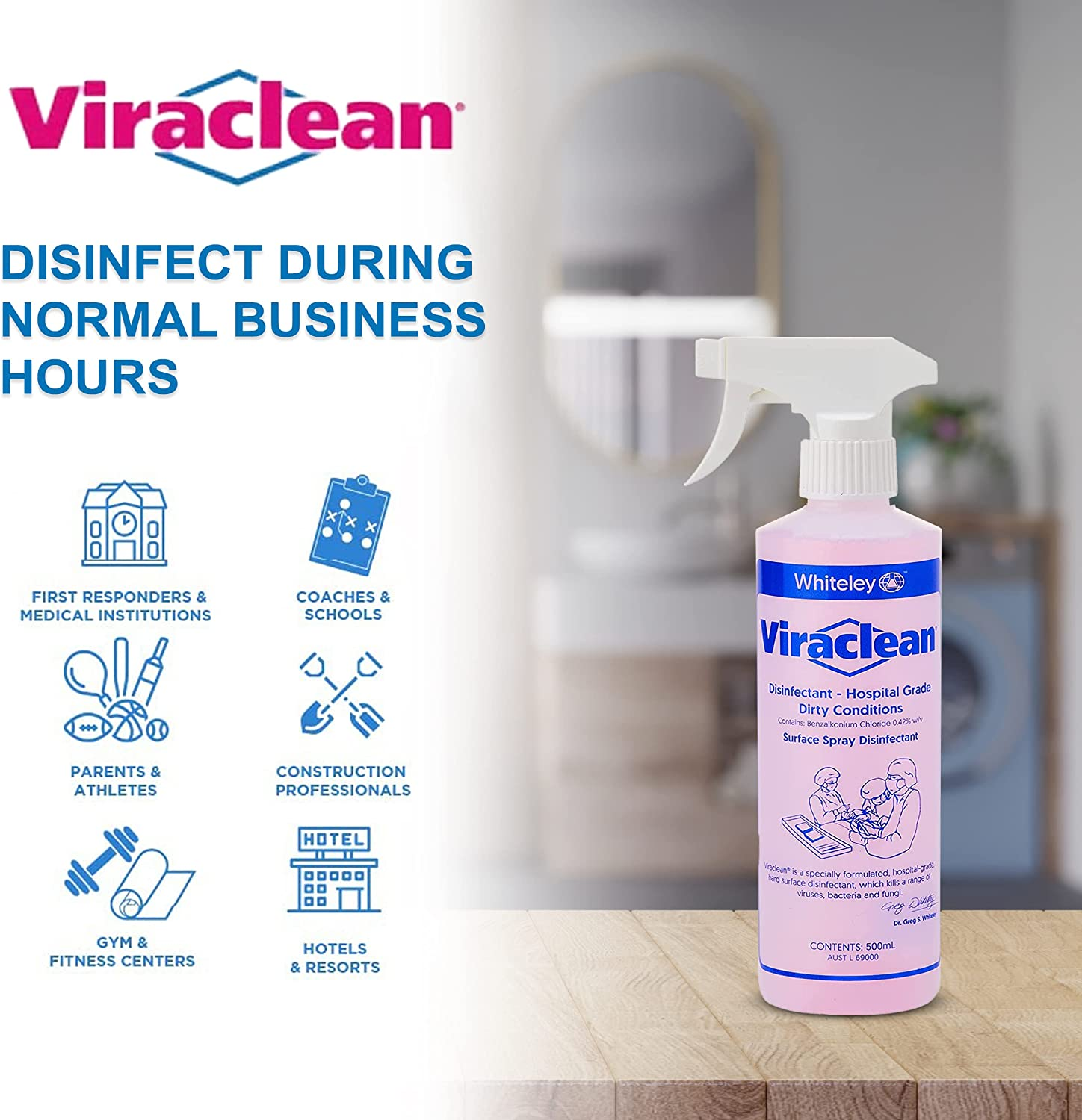 Whiteley Corporation Viraclean All Purpose Disinfectant Spray - Kills 99.9% of Germs and Eliminates Odors -Cleansmart Hospital Grade Disinfectant of Viruses and Bacteria,Tga Registered, 500 Ml