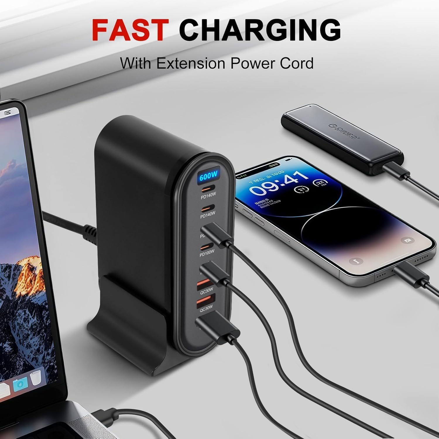 600W USB C Fast Charger Block,8 Port USB Charging Station,Gan III Fast Charging Station Hub,Pd 3.1 140W Laptop Charger Adapter Compatible with Macbook DELL Iphone Galaxy image number 6