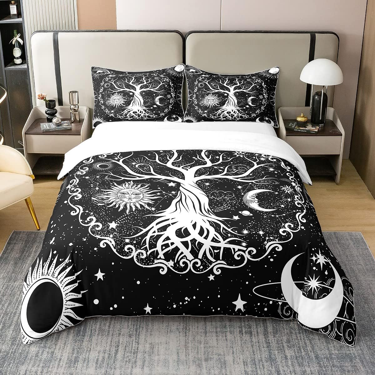 Tree of Life 100% Washed Cotton Duvet Cover 220 X 240 Cm Sun and Moon Comforter Cover, Psychedelic Galaxy Space Stars Bed Linen Sets Soft Microfibre Duvet Cover, Black White Room Decor image number 7