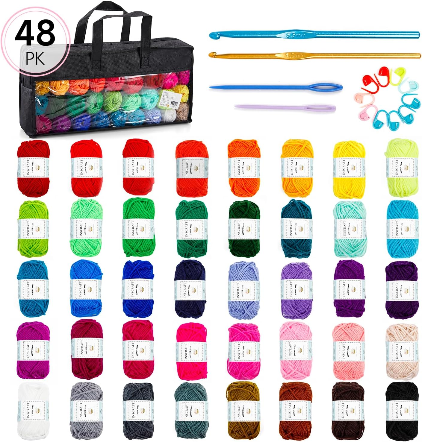 40 Acrylic Yarn Skeins 2000 Yards Craft Yarn with Reusable Canvas Bag Includes 6 E-Books 2 Crochet Hooks 2 Weaving Needles 4 Locking Stitch Markers for Crochet & Knitting by Inscraft