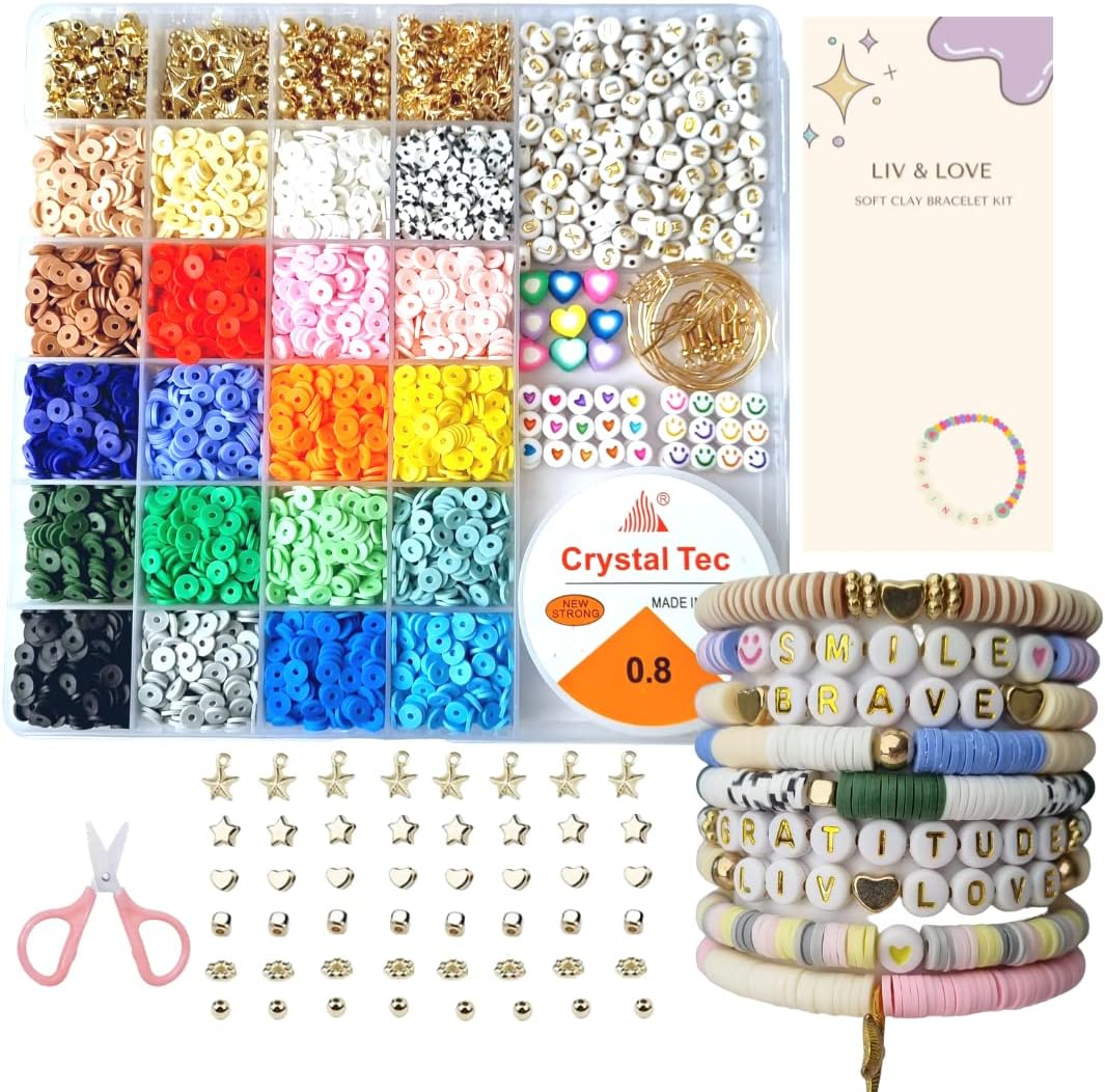 LIV&LOVE Polymer Clay Beads Set, DIY Heishi Beads for Jewellery Making, Flat Clay Polymer Beads for Bracelet Making Kit (PASTEL + SOFT GOLD Clay Bracelet Clay Beads Kit) image number 6