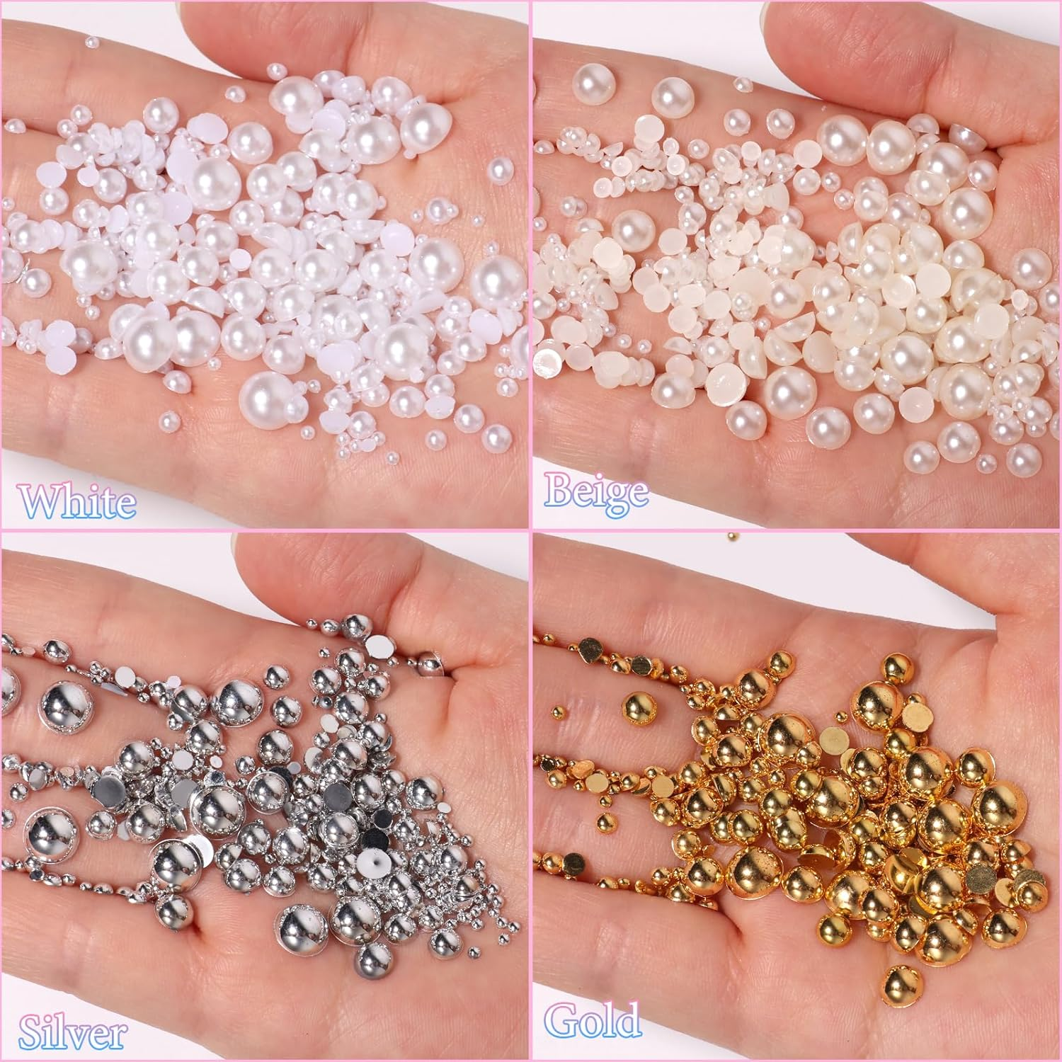 2 Boxes Flatback Pearls and Beads for Nails, Mixed Sizes White Beige Nail Art Pearls Luxurious Silver Gold Half Pearl Nail Charms, Gems for Nails ABS round Plastic Beads Nail Supplies DIY image number 4