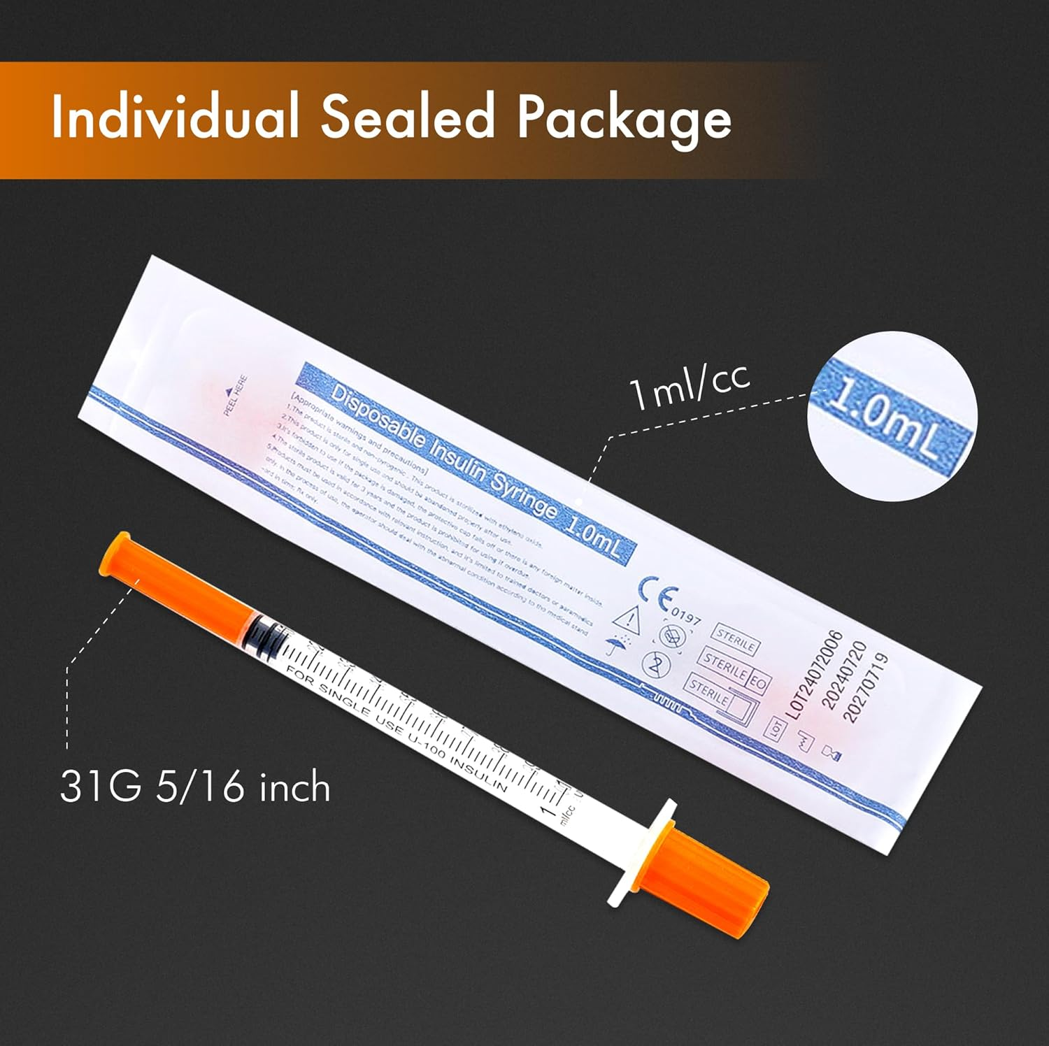 1Ml/Cc 31G 8Mm Syringes, Lab Dispensing Syringe, Individual Wrapped, Box of 50