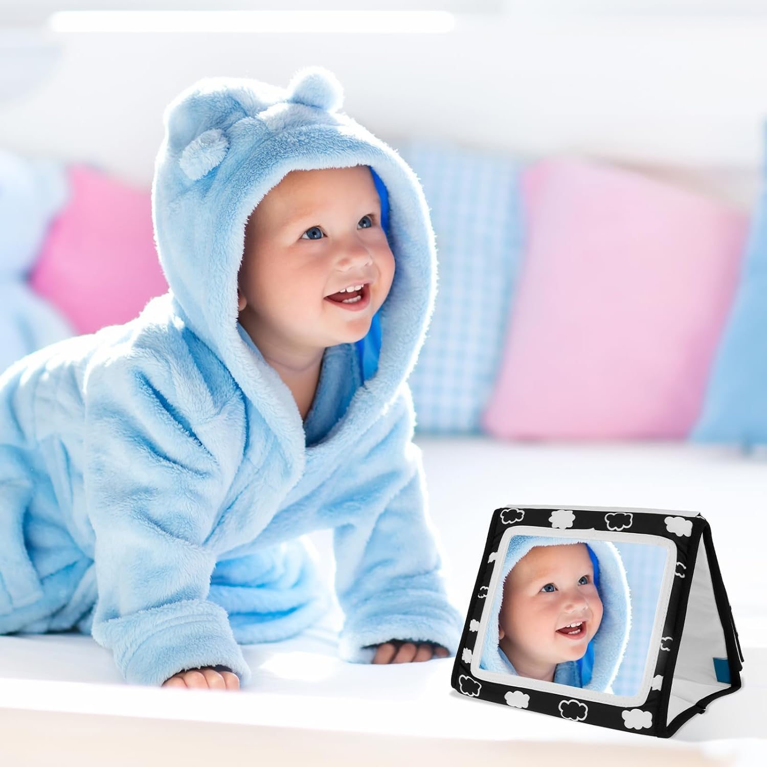 Tummy Time Mirror Toys for Babies, Foldable Baby Floor Mirror Cloth Books, Montessori Newborn Infant Toys - 8 Pages Cloth Books Early Learning Baby Mirror for 0-12 Months (B)