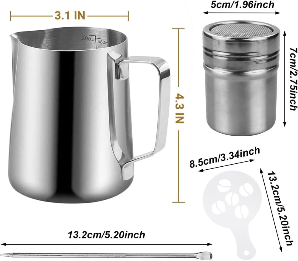 Milk Jug Kit 600Ml/20Oz, Milk Frothing Pitcher Stainless Steel 304, Steamer Cup Espresso with Decorating Art, Latte Arts image number 6