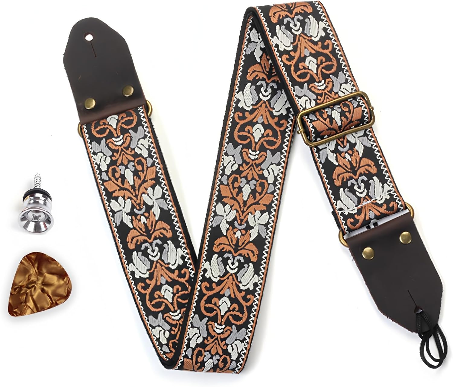 Leather Guitar Strap with Cotton Jacquard Embroidery - Adjustable for Bass/Electric/Acoustic Guitar, Padded Shoulder Support, Includes Strap Locks & Picks image number 4