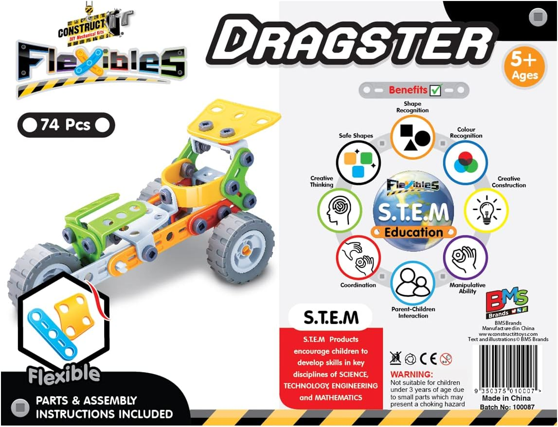 Construct IT Flexibles Dragster Building Set with Tools Included - 74 Pieces Toy Drag Race Car Construction Set - STEM Toys for 5+ Year Olds - Build Your Own Toy Drag Race Car image number 6