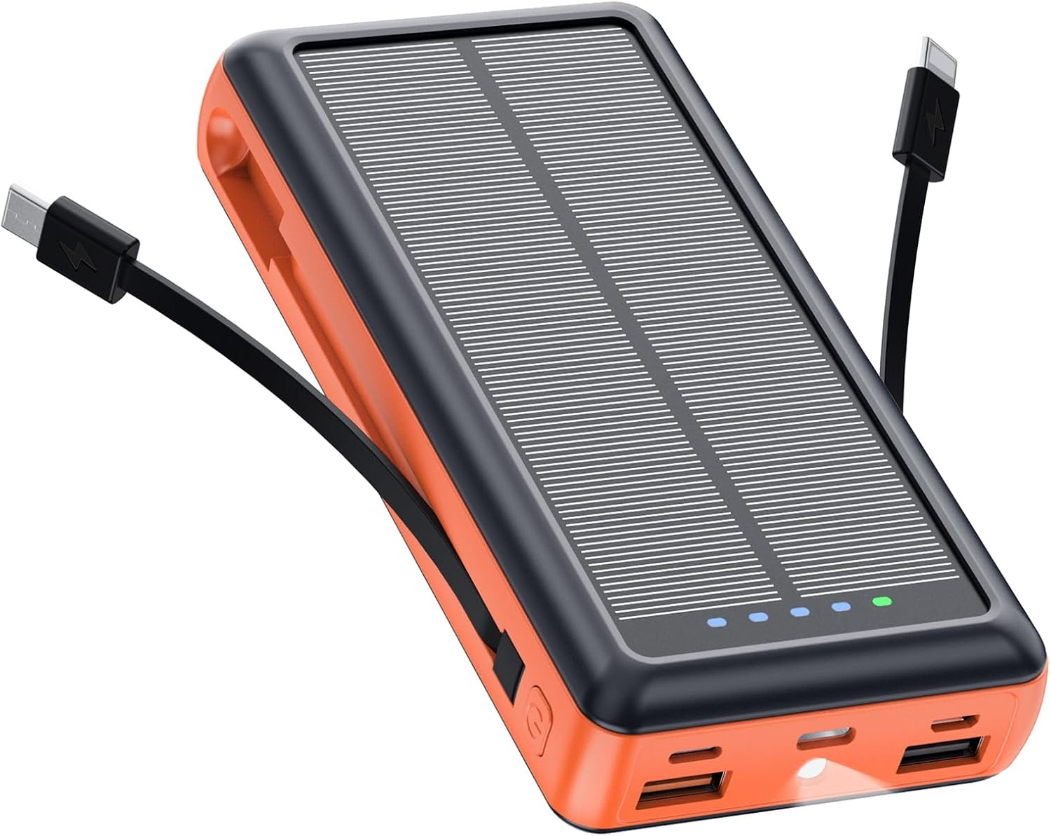 Solar Charger Power Bank, 20000Mah Portable Phone Charger Built-In 2 Output Cable with USB C In/Output, PD20W QC 3.0 Fast Charging and Flashlight for Iphone Samsung Huawei Google Etc (Orange)