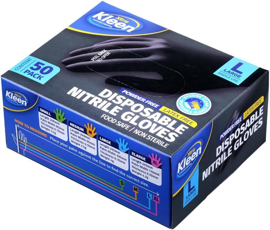 Xtra Kleen Nitrile Powder Free Disposable Gloves, Black, Large (Pack of 50) image number 6