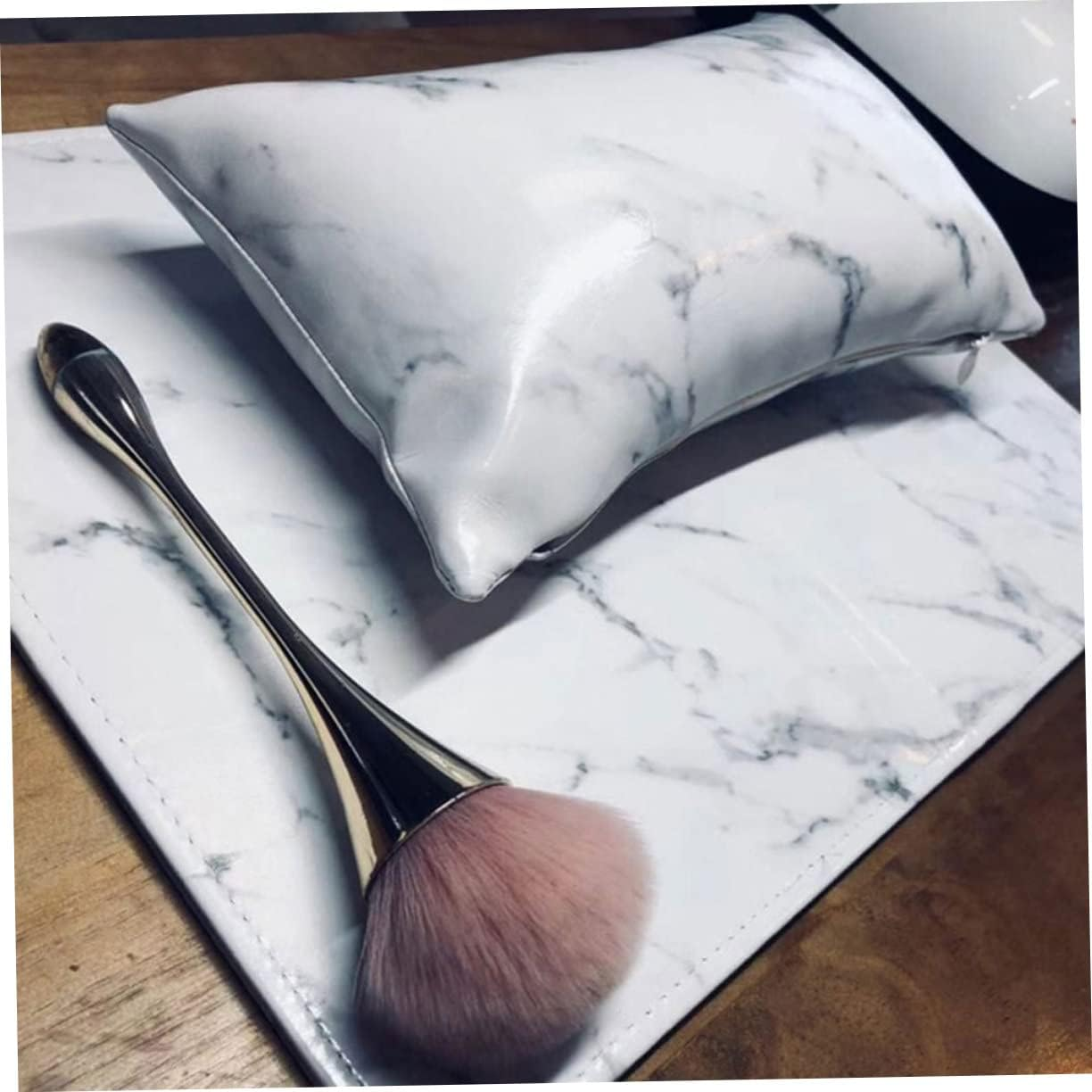 WEKADRIN Manicure Hand Pillow Mat Set 1 Piece White Marble Pattern Cushion for Nail Art Portable Arm Rest for Nail Technicians for Salon and Home Use image number 1