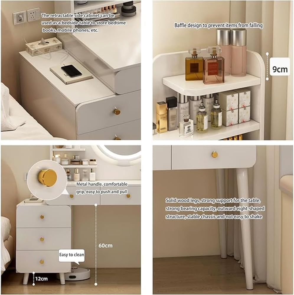 Uandhome Dressing Table,Modern Minimalist Dressing Table for Bedroom with LED Mirror and Drawer Storage,Vanity Table for Bedroom(100-115 * 40 * 135Cm)-White image number 3