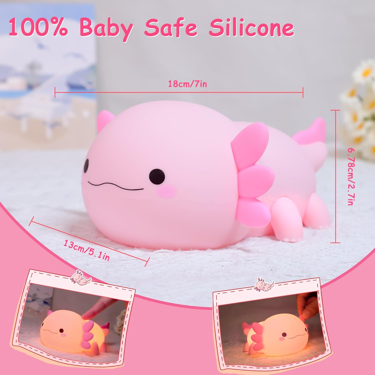 Ammonite Axolotl Gifts, Cute Axolotl Night Light Axolotls Lamp for Kids, Soft Silicone Kids Nursery Nightlight LED Touch Light, Kids Bedroom Decor as Xmas Birthday Gifts image number 2