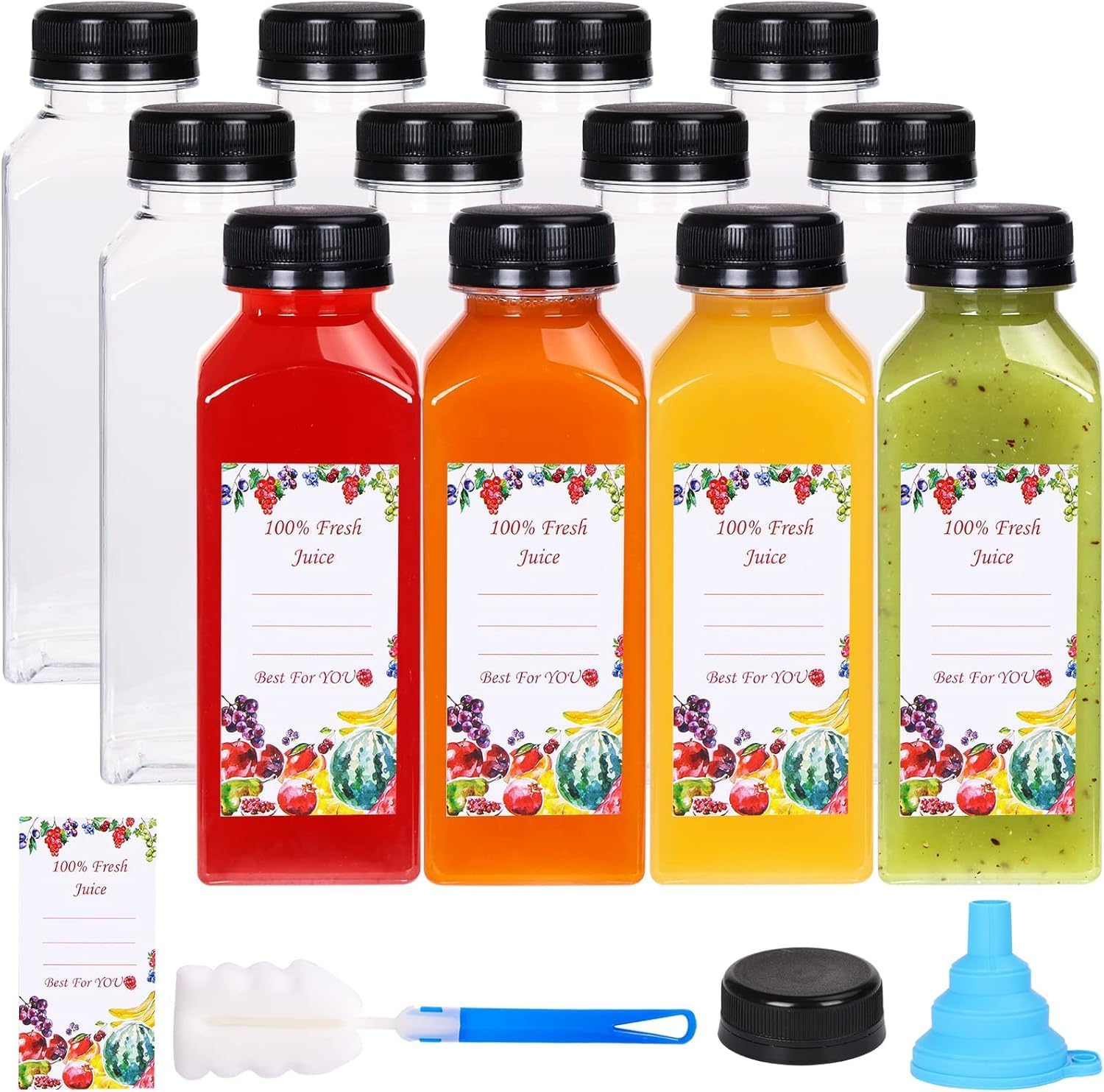 12Pcs Juice Bottles with Caps,350 ML Plastic Clear Reusable Water Bottle, Empty Juice Bottles for Juicing, Smoothie, Drinking and Other Beverages,Each Set Also Comes with a Brush, Funnel and Stickers image number 2