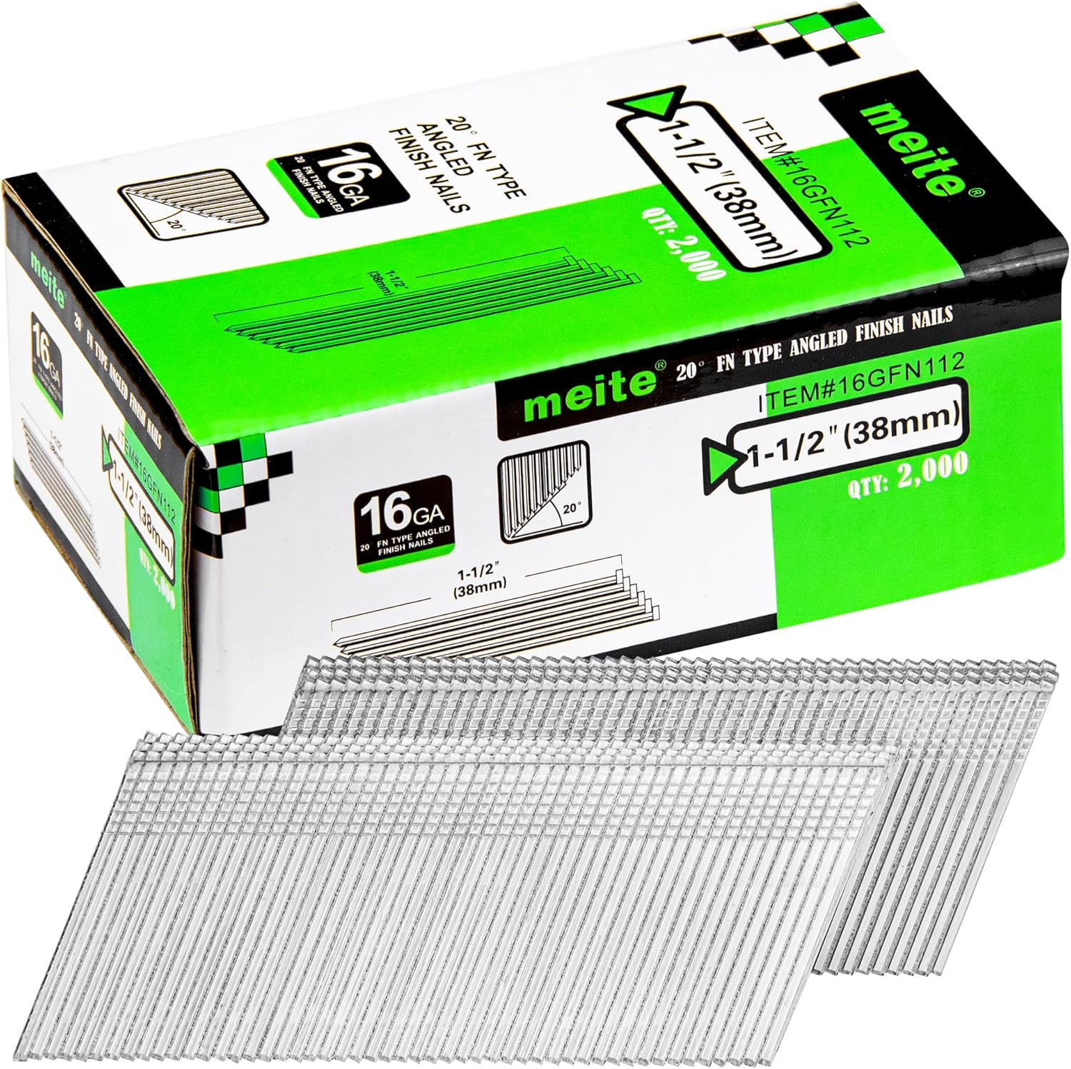 Meite 16 Gauge Angled Finish Nails, 38 Mm 20 Degree Galvanized Finishing Nails for Electric or Pneumatic Nailer Guns - Perfect for Window Trim, Cabinet Building and Other DIY Projects (2,000 Counts) image number 1