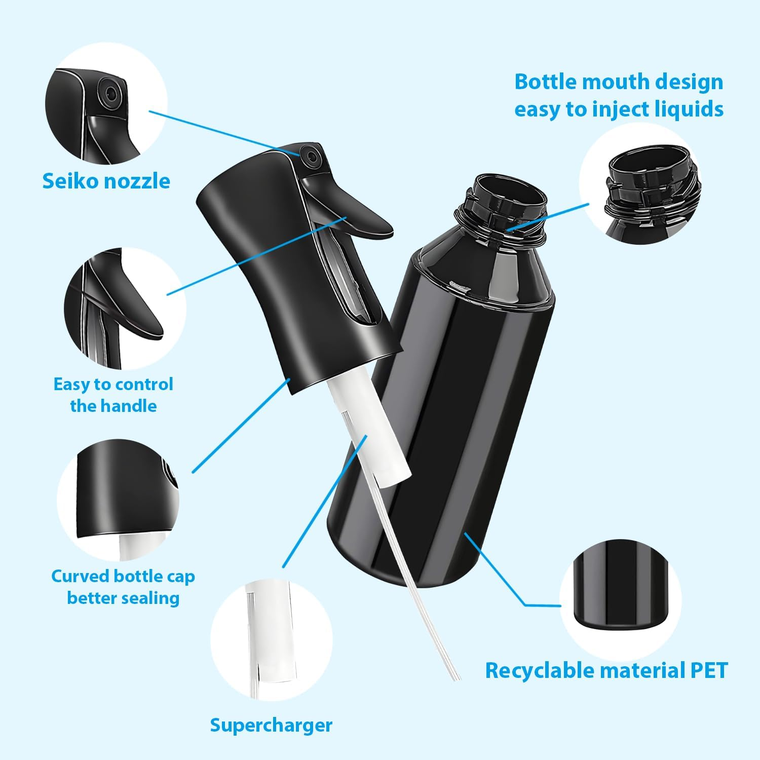 2 Pack Continuous Spray Bottle, 200Ml Hair Spray Bottle, Pressurized Ultra Fine Mist Water Sprayer Bottles for Hairstyling, Salons, Plants, Kitchen, Cleaning, Travel image number 1