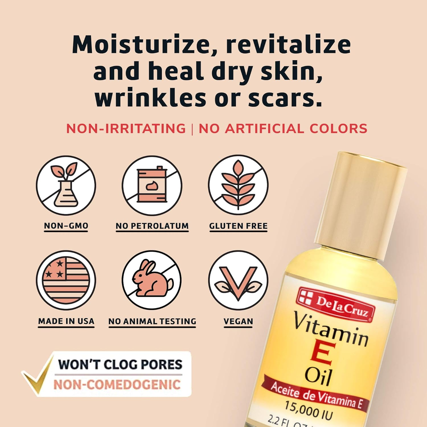 De La Cruz Vitamin E Oil for Skin, Face and Body 15,000 IU - No Preservatives, Artificial Colors or Fragrances, Made in USA 2.2 FL. OZ. - 2 Bottles image number 4