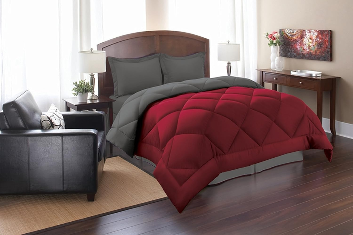Super Soft Goose down 3Pc Reversible Alternative Comforter, Queen, Red/Gray image number 3