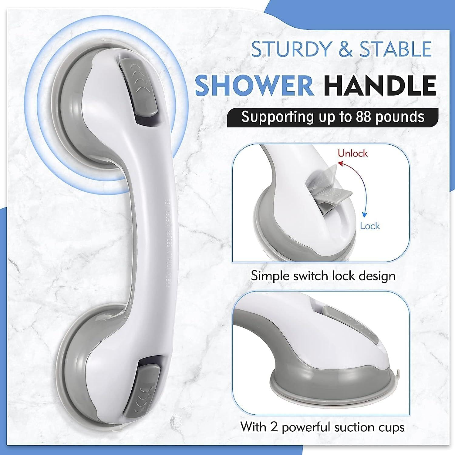 2 Pack Shower Handle, 12 Inch Shower Safety Grab Bars with Strong Suction Cup for Elderly Seniors Handicaps Holding Grab Bar for Shower image number 3