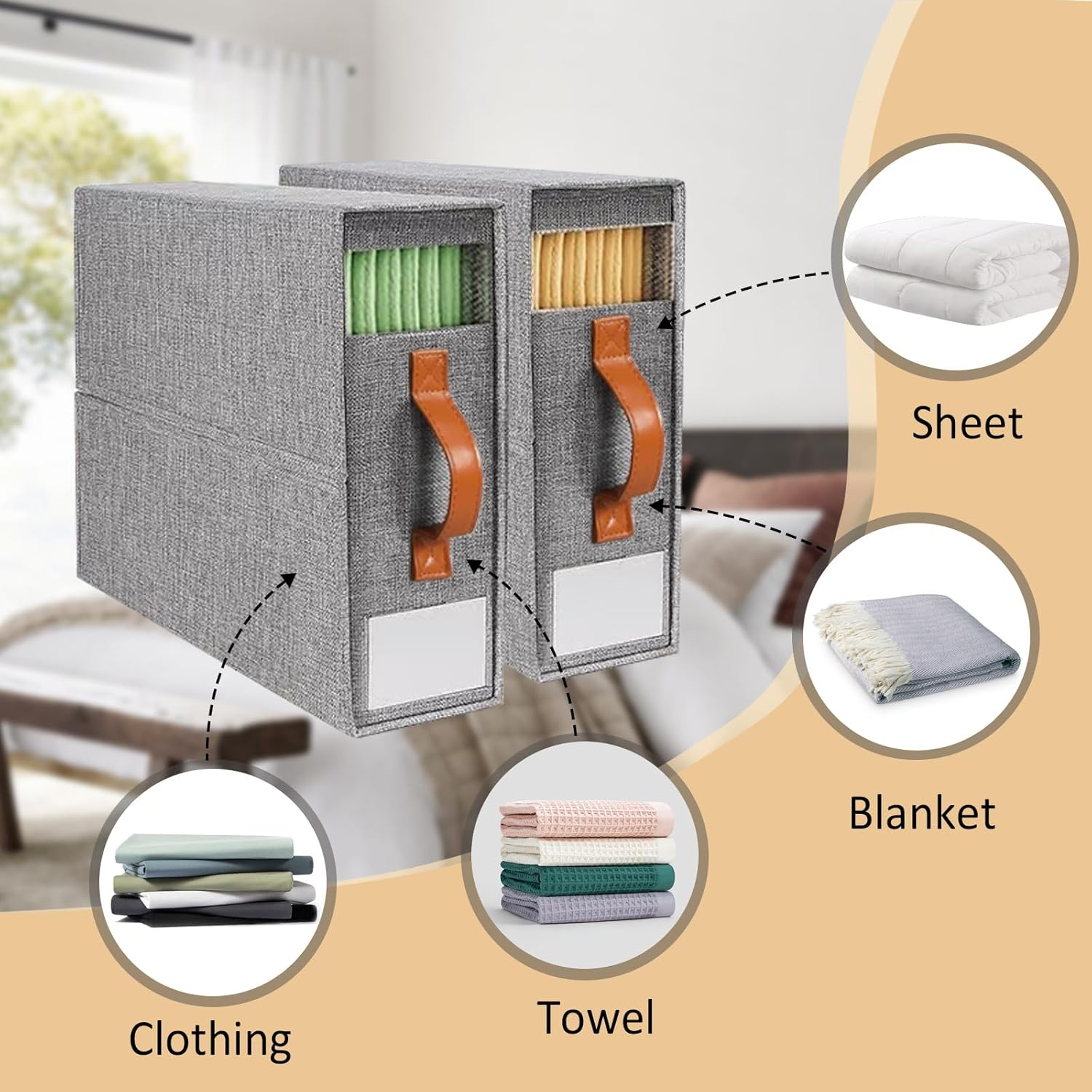 Foldable Bed Sheets Organizers and Storage(King & Queen Size),Linen Fabric Closet Organizers with Window,Folding Bedding Storage Box for Bedsheets and Pillow Cube Organizer (8 Pack Grey) image number 2