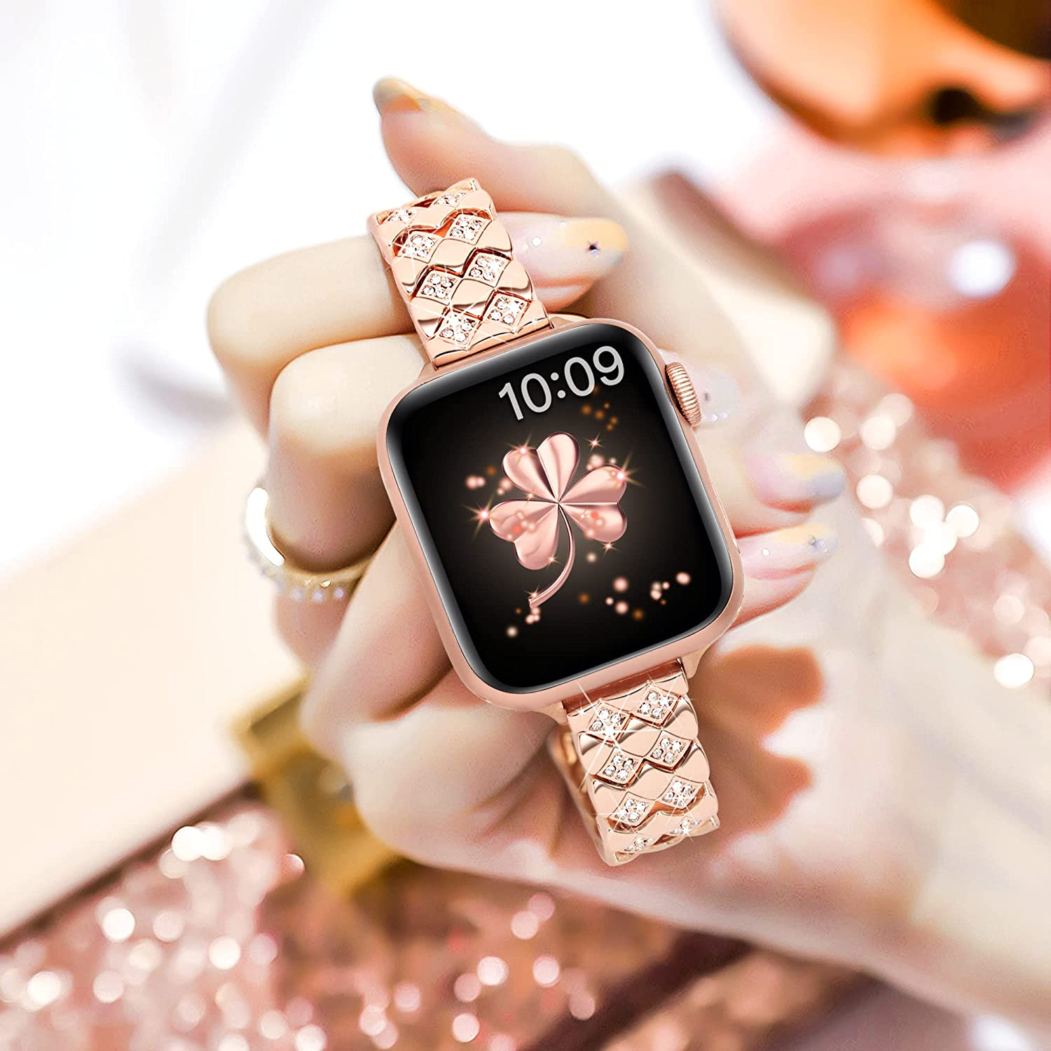 Vamyzji Compatible with Apple Watch Bands Ultra 49Mm 46Mm 45Mm 44Mm 42Mm, Fashion Metal Band for Apple Watch Ultra 3 2 1 Series 11 10 9 8 7 6 5 4 SE 3 2 1, Bling Jewelry Bracelet for Women,Rose Gold image number 6