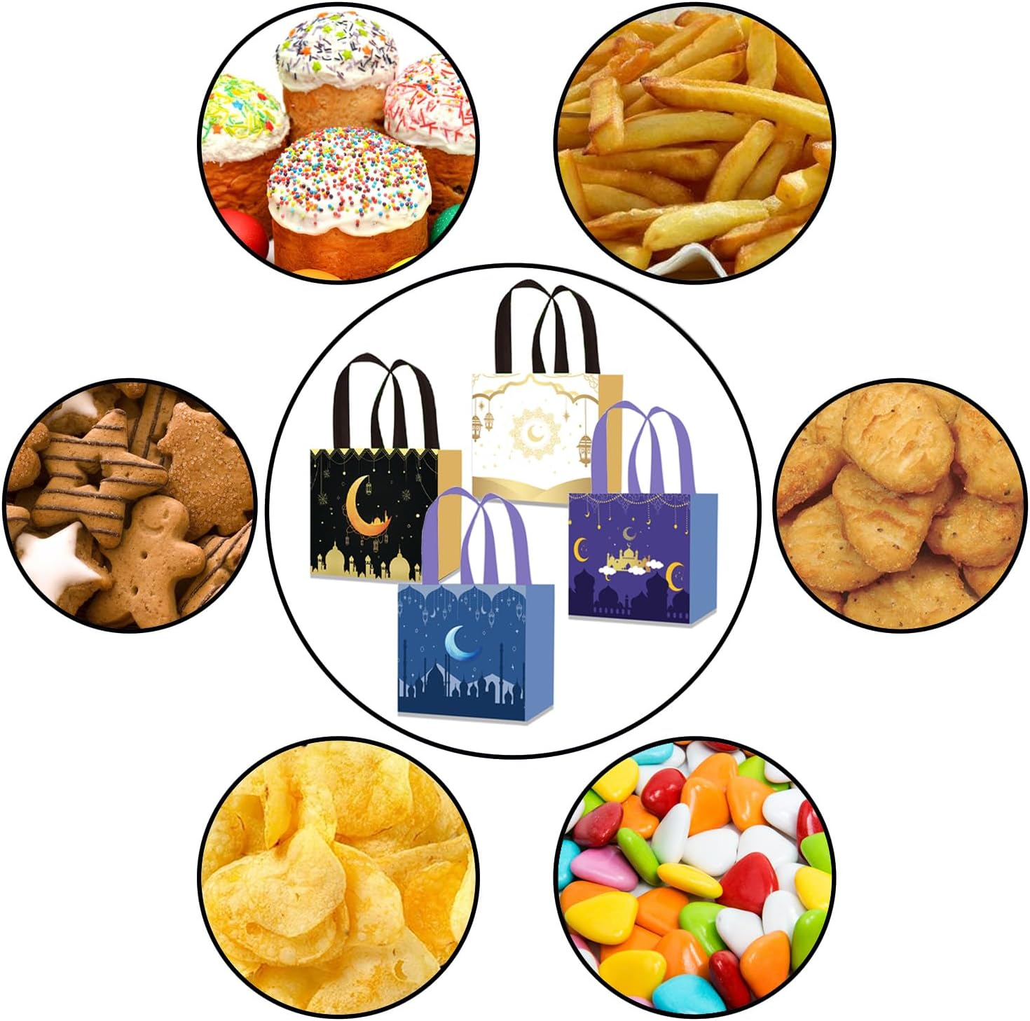 BEANPRECOY 8 Pcs Reusable Eid Mubarak Gift Bags, Ramadan/Eid Al-Adha Non-Woven Party Favors for Candy & Decor,20X20X15Cm Muslim Celebration Supplies Moon and Lantern Design,Black,White,Blue and Purple image number 6