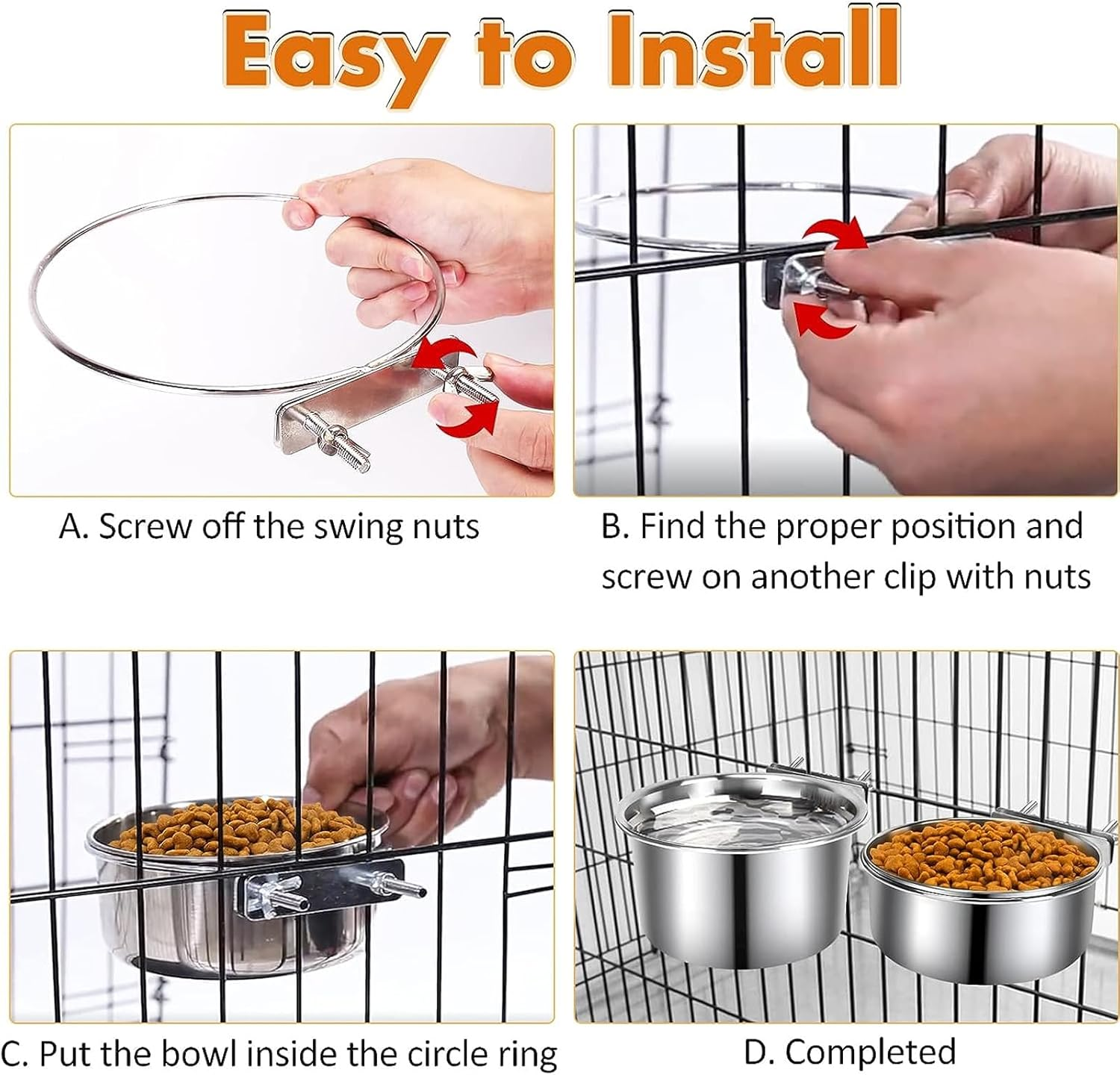 Dog Crate Water Bowl, PRENDIEEN 2 Pcs Stainless Steel Large Dog Bowls, Durable Anti-Spill Pet Metal Bowl for Cage Kennel Crate, Hanging Water/Food Bowl for Medium & Large Dogs (18X9.4 & 16X6.6Cm) image number 5