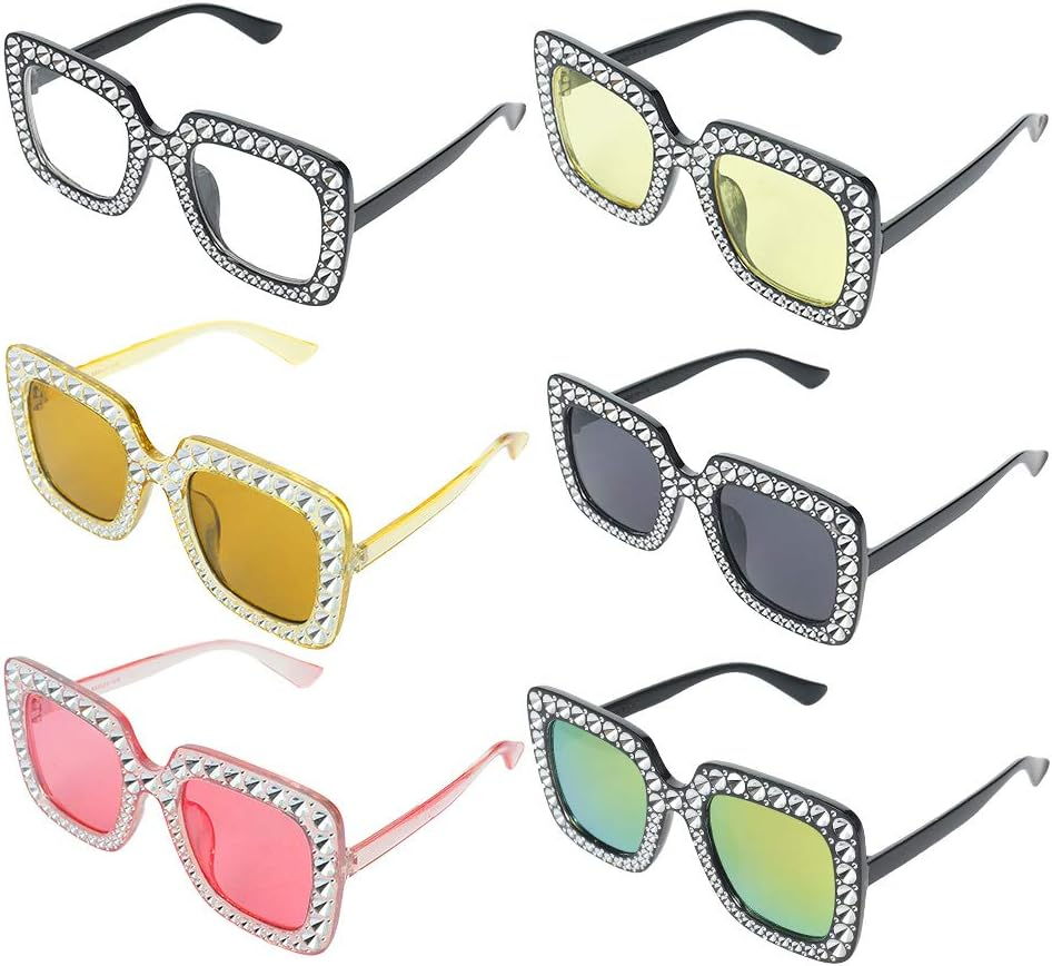 6 Pack Oversized Square Sparkling Sunglasses Retro Thick Frame Rhinestone Sunglasses Bling for Women Girls (Yellow, Pink, Light Yellow, Grey, Tawny), Light Gray, Clear Pink, One Size image number 2
