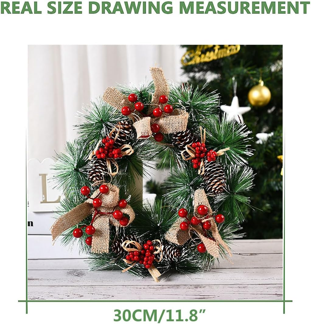 Artificial Christmas Wreath, 12In Handcrafted Front Door Wreaths Decorations Pre Lit with Variant Red Berry, Pinecone & Linen Bow Christmas Decorations for Home, Party, Holiday, Xmas Decor image number 1