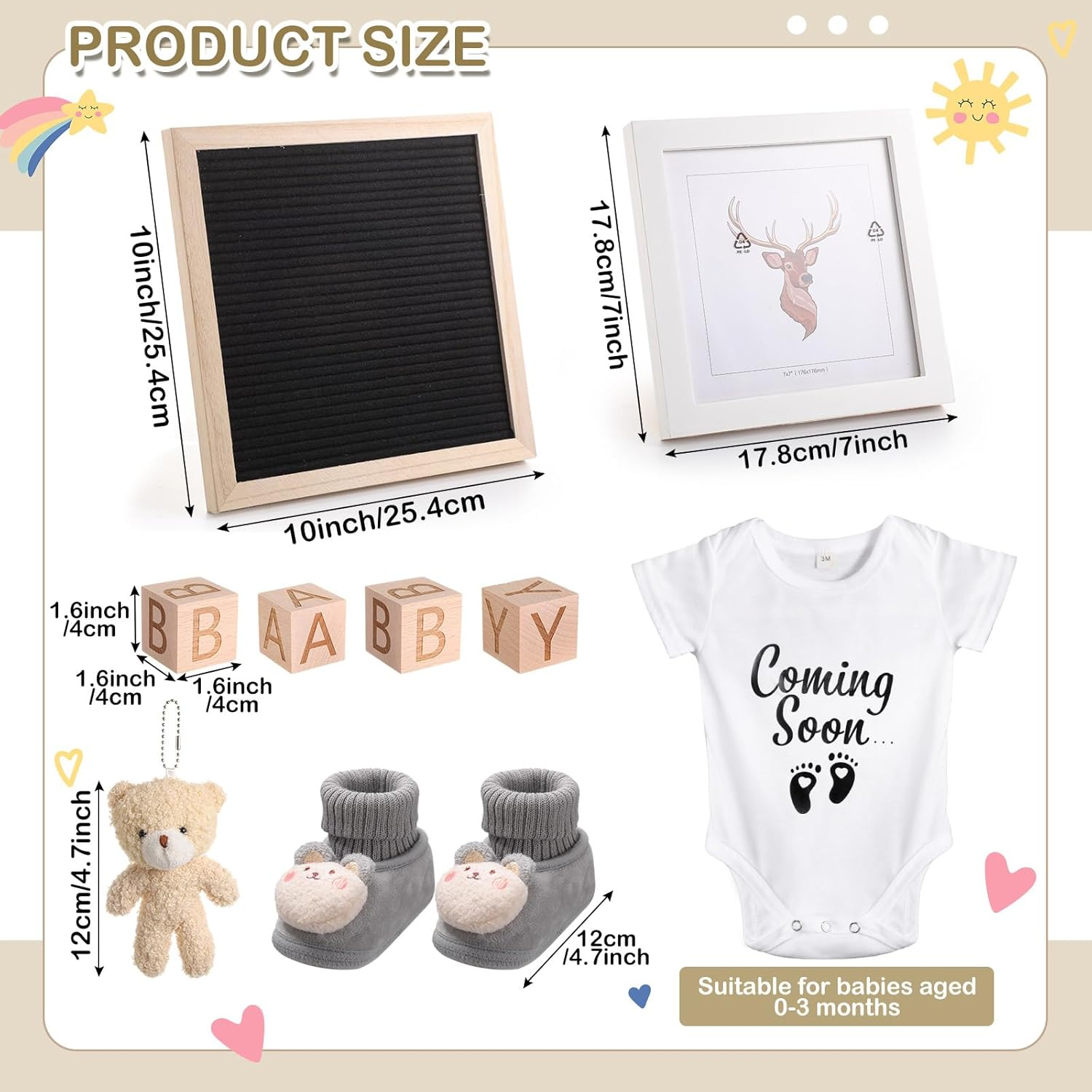 9 Pcs Pregnancy Announcement Set Pregnancy Reveal Ideas Felt Letter Board Baby Bodysuit Booties Photo Frame Bear Plush Wood Blocks for Coming Soon Baby Announcement(Black) image number 5