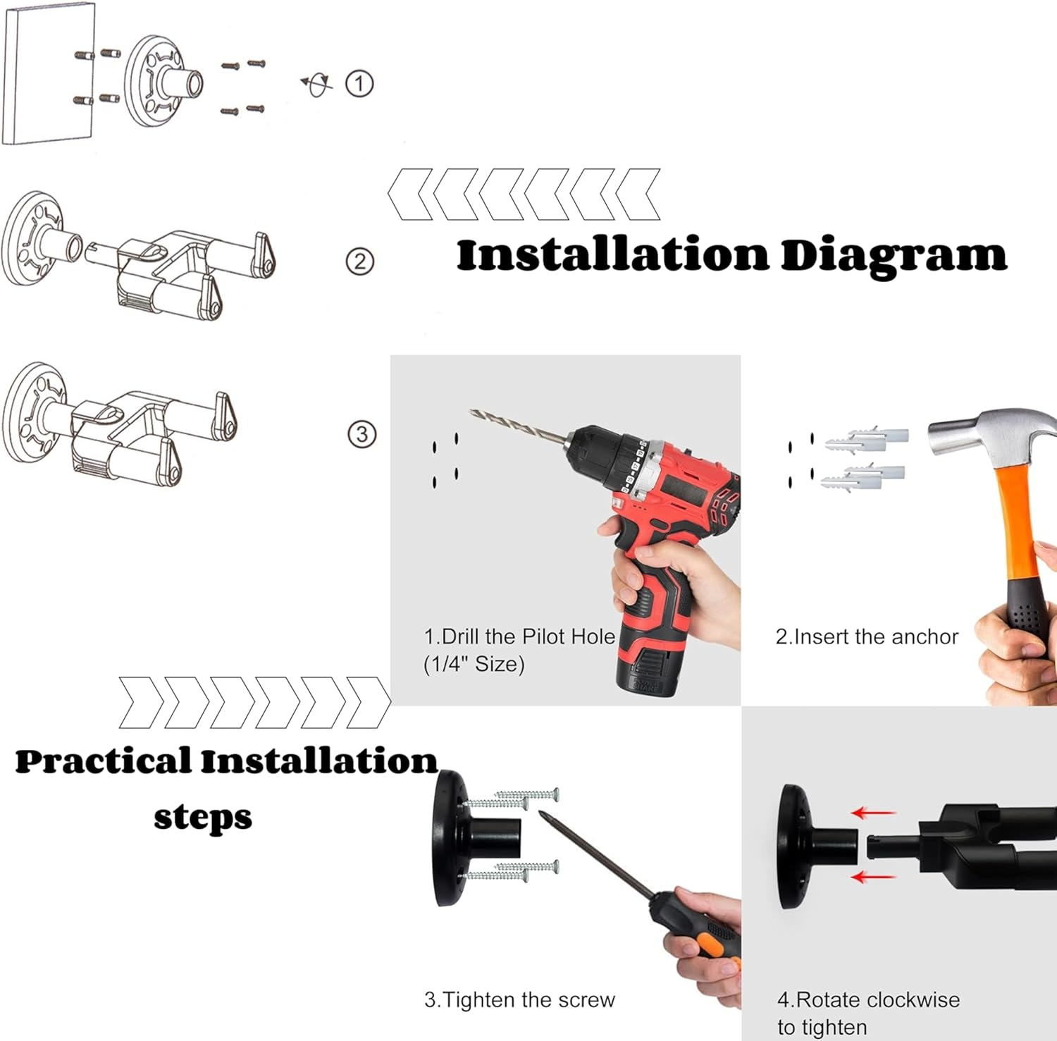 2 Pack Guitar Wall Stands, Universal Guitar Hanger, Auto Lock U-Shaped Guitar Wall Hanger, ABS Plastic, Black, Modern Style, 4 Hooks, Wall Mount, Concrete, Wood