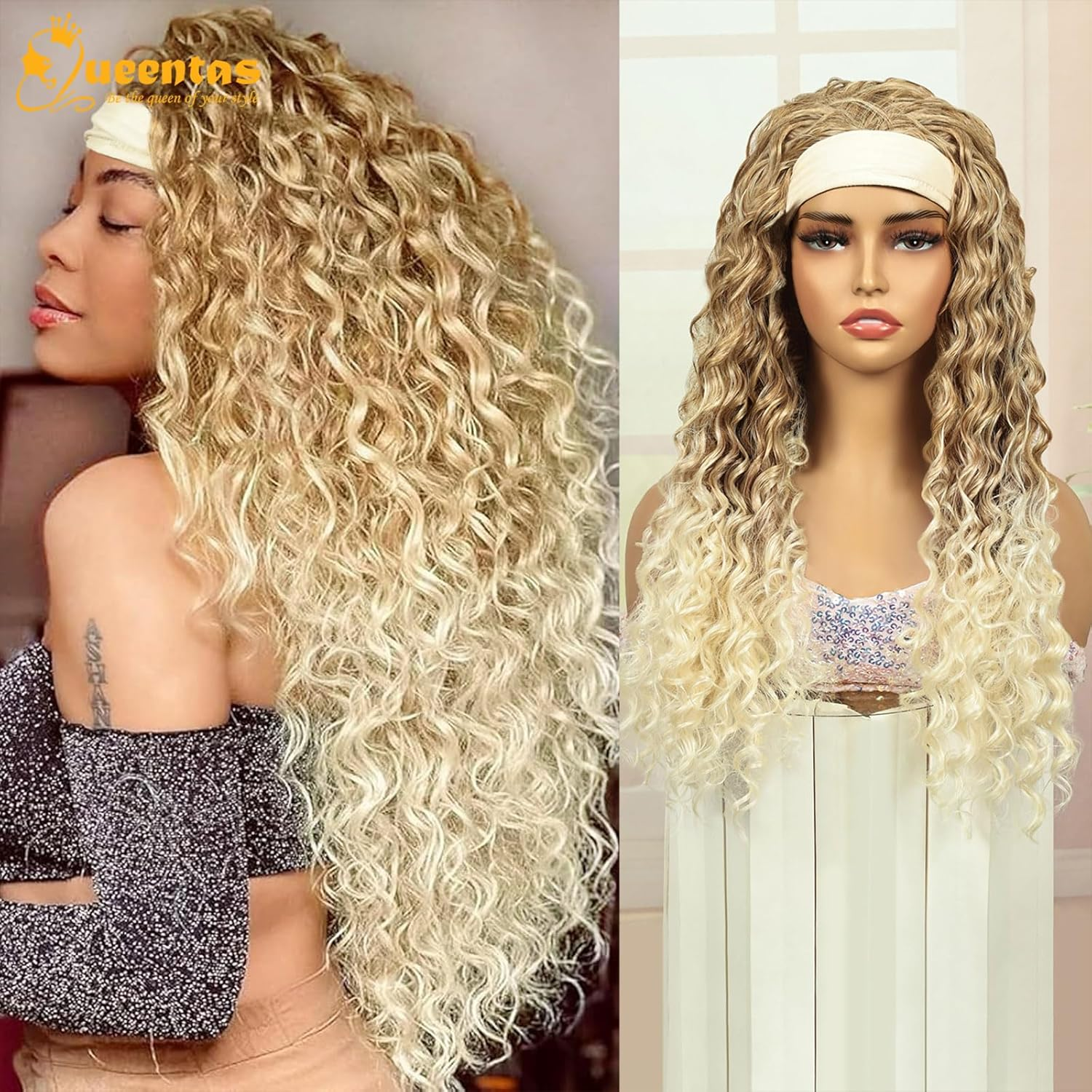 QUEENTAS Headband Wigs for Women Blonde Deep Wave Headband Wig Curly Glueless Hair Wigs Machine Made No Lace Deep Curly Headband Wig - Blonde image number 2