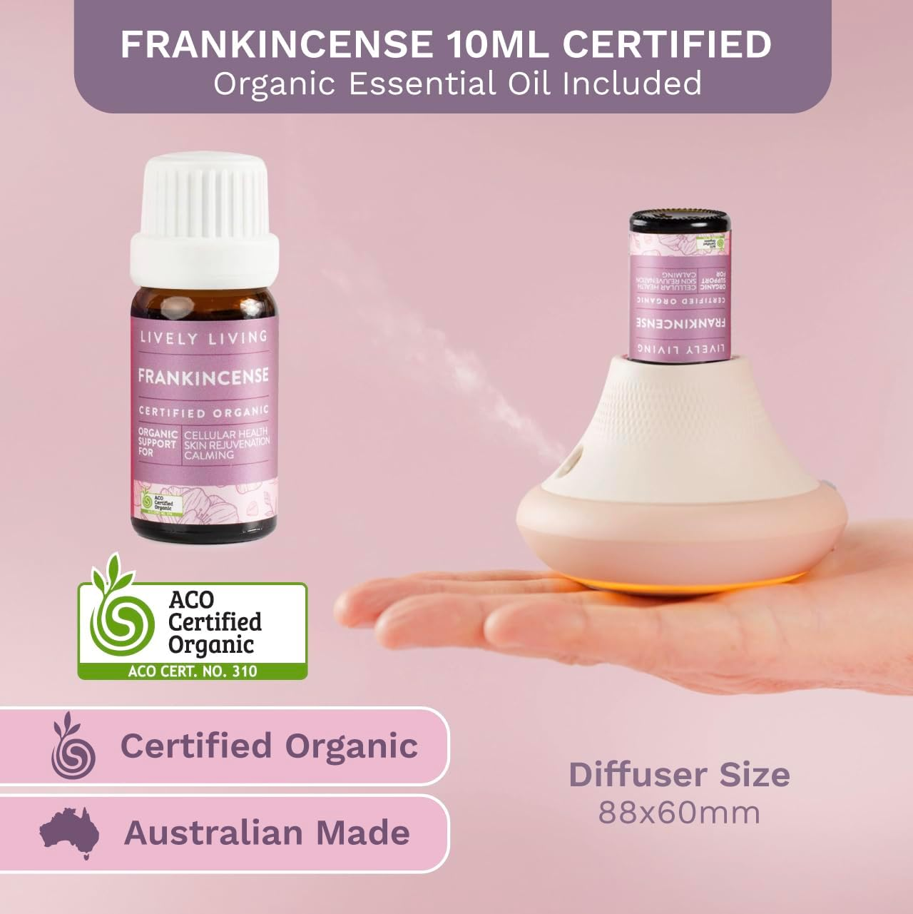 Lively Living Aroma Oil Waterless Diffuser + Oil - (10Ml) Frankinsence Organic Essential Oil USB Rechargeable Battery Operated, Cordless Diffuser, Portable, Wireless & Noiseless with 3 Mist Settings image number 6