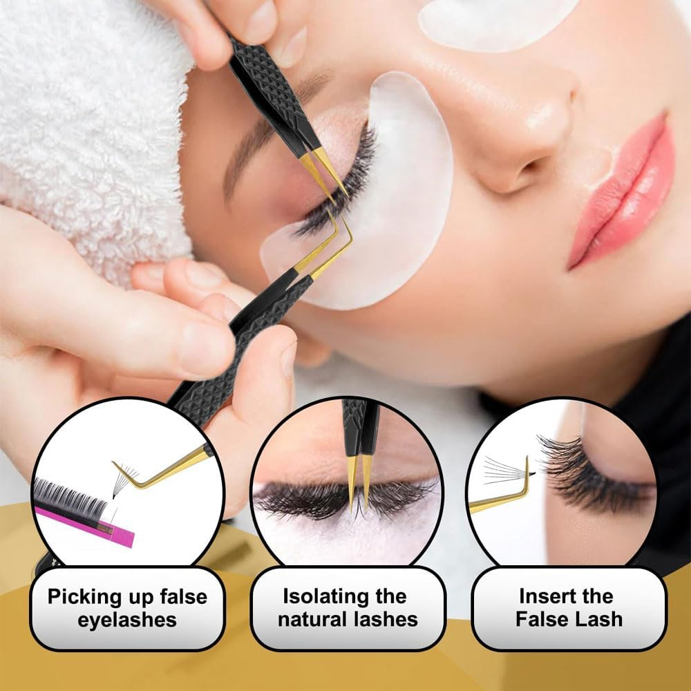 YSACRE Eyelash Extension Tweezers Set of 5 Japanese Stainless Steel Diamond Grip Lash Tweezers for Straight Curve 45 Degree 90 Degree Lash Volume Women (Pink) (Black/Gold) - Black/Gold image number 5