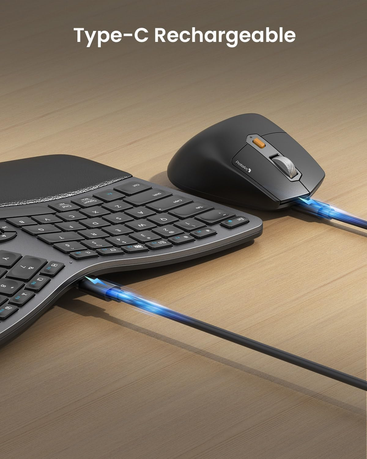 Protoarc Ergonomic Keyboard Mouse, Full Size Wireless Bluetooth Ergo Keyboard Mouse Combo, Cushioned Palm Rest, Split Design, Rechargeable, Compatible for Windows, Mac OS - Gray and Black