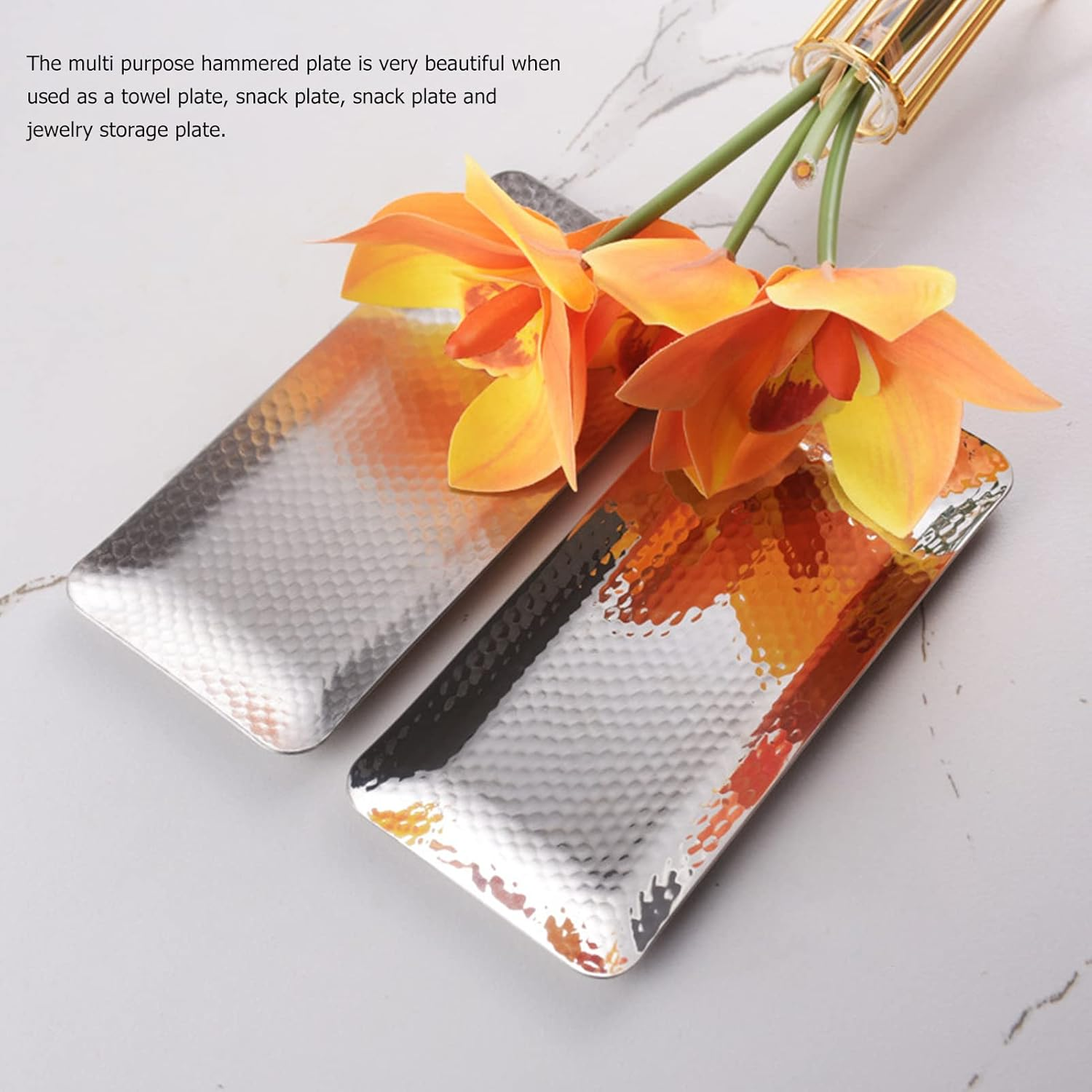 POENVFPO Hammered Stainless Steel Multi Purpose Tray for Home and Restaurant, Towel Tray Plate for Dessert - Dishwasher Safe Serving Platter for Snacks, Fruits - 25X11Cm (Silver) - Silver image number 6