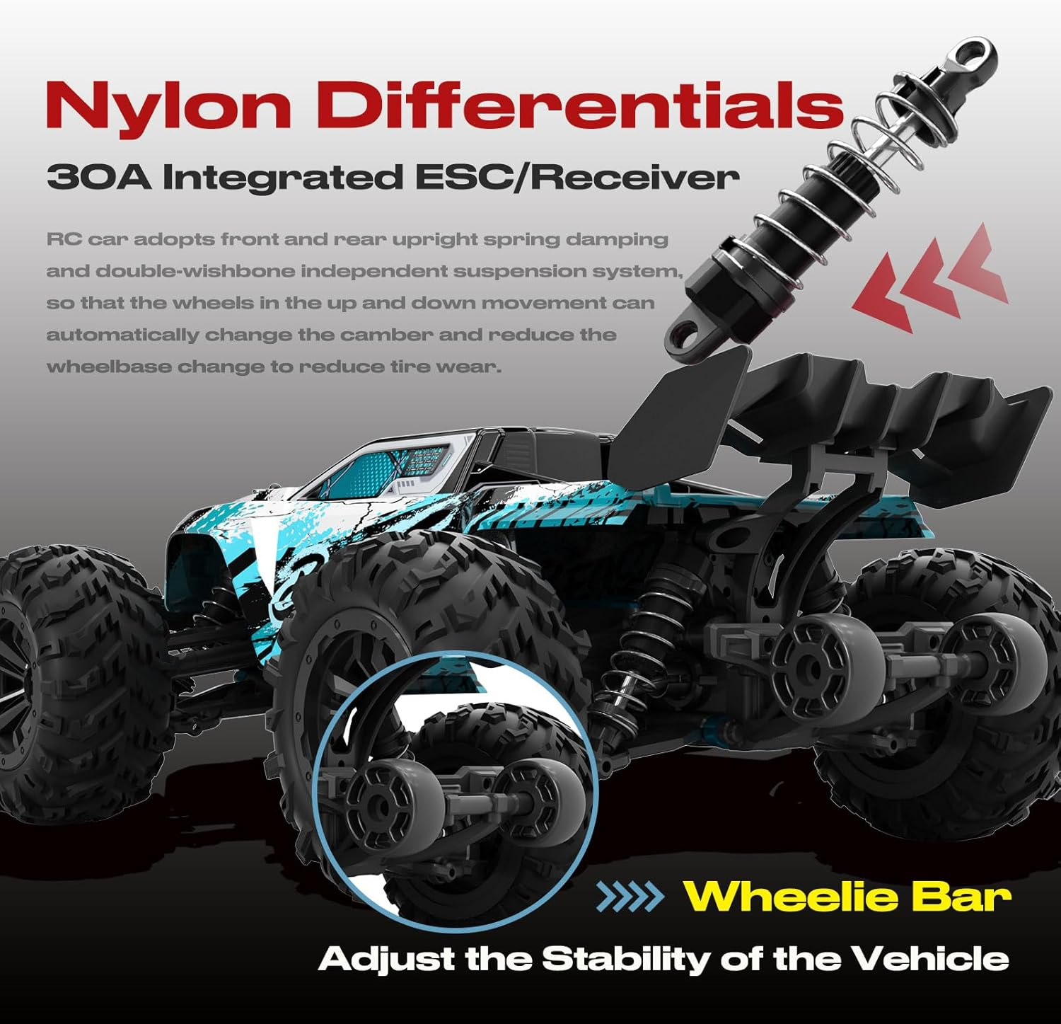 1:16 Scale 4WD Remote Control Car, 70Km/H High Speed Monster Truck, 2.4G Full Proportional Control, All Terrain Off-Road RC Vehicle for Kids Adults, Carbon Brush Motor, 1 Rechargeable 1300Mah Battery image number 5