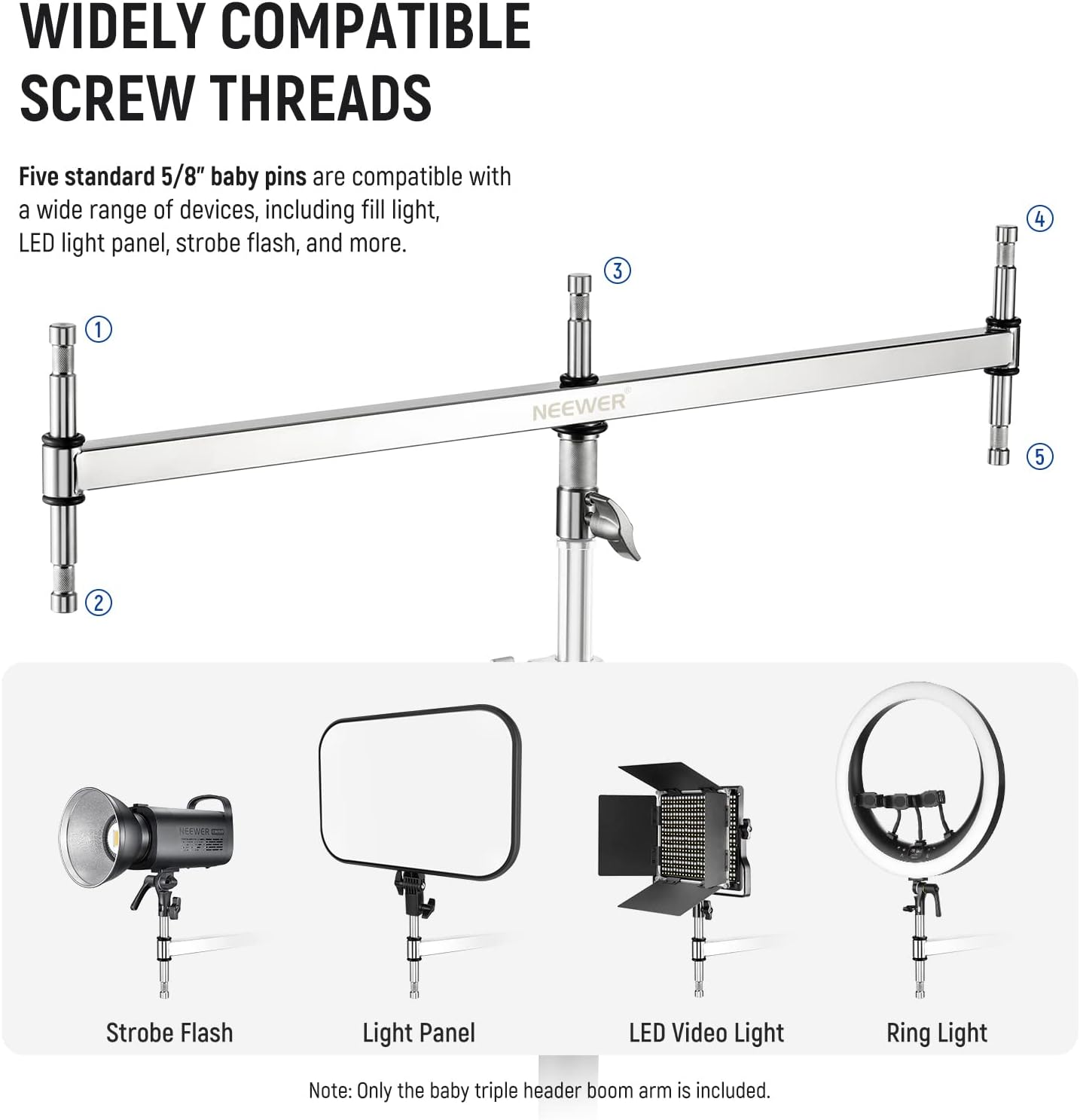 NEEWER Baby Triple Header Boom Arm with Five 5/8" Baby Pins for LED Light/Strobe Flash, One 1-1/8" Pin for C Stand/Light Stand with 16Mm Baby Stud or 28Mm Junior Receiver, Stainless Steel, UA005 image number 2