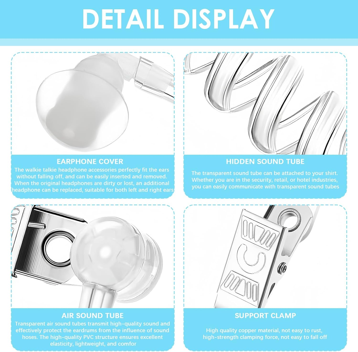 Earphones Sound Tube for Radios, Sound Tube Ear Insert, Bi-Directional Receiver, Transparent, Includes Retaining Clip and Earplugs, Suitable for Intercoms, One-Ear Headphones image number 5