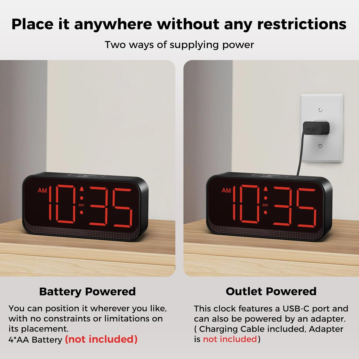 Acedeck Battery Operated Digital Clock: Cordless Small Alarm Clock for Bedroom Travel - Large Numbers 4 Dimmers for All Ages Red Digits image number 4