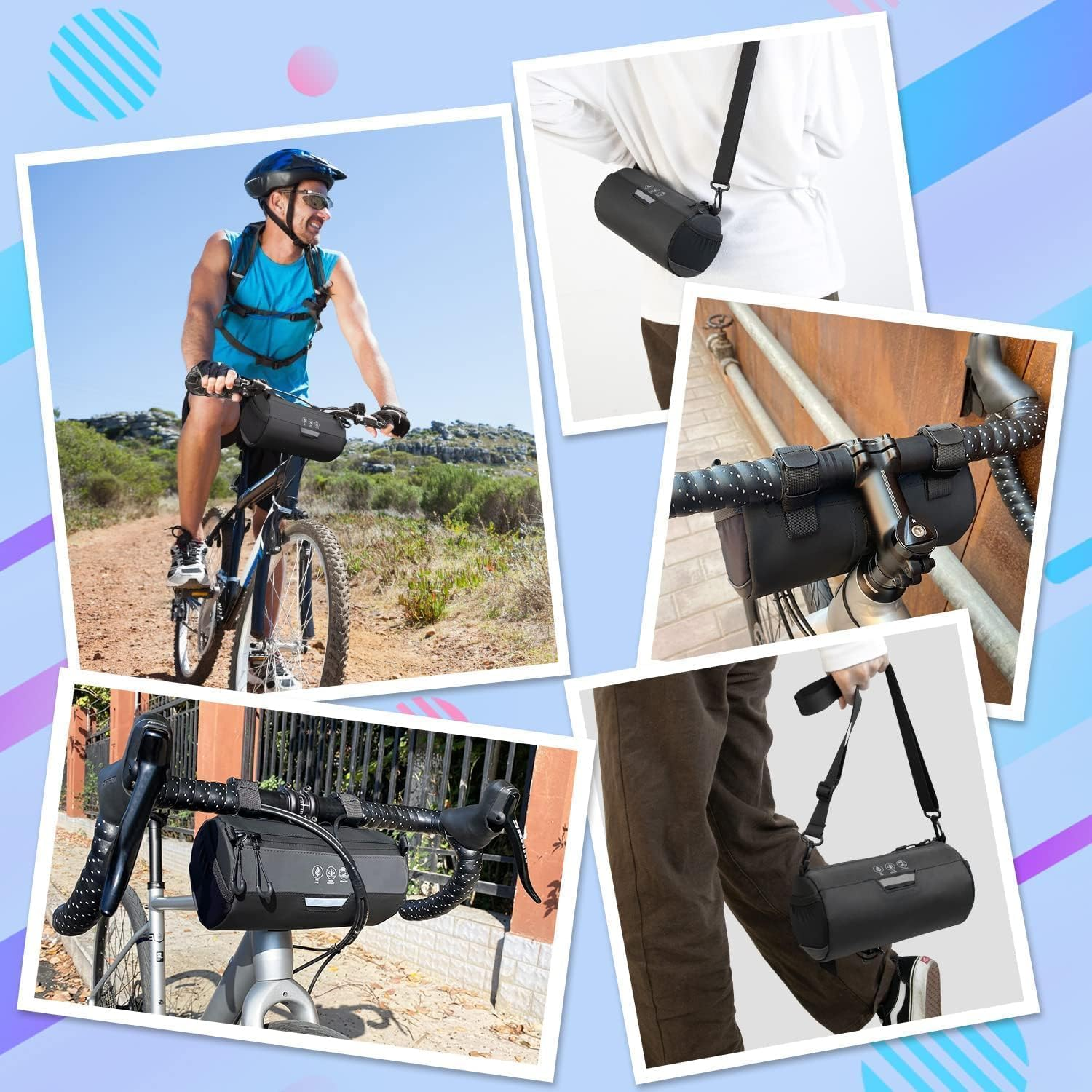 Bike Handlebar Bag, 2L Waterproof Bicycle Front Bag Dry Roll with Large Reflective Area, Bike Frame Storage with Shoulder Removable Straps for Road MTB Cycling Travel Accessories (Black) image number 1