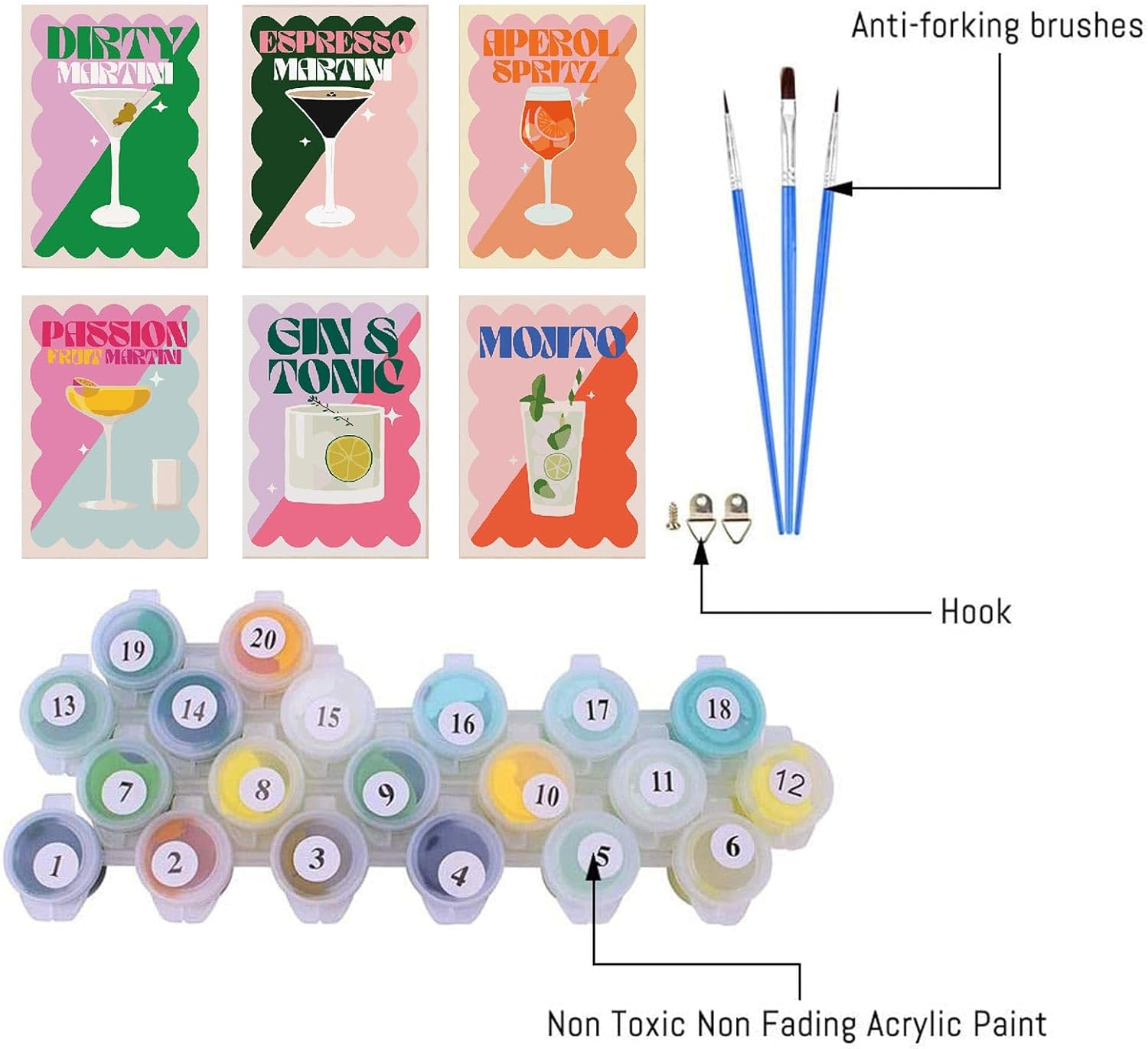 CAMOYAI 6 Pack Vintage Cocktail Paint by Numbers Kits for Adults, Simple DIY Acrylic Paint Kits on Canvas, Home Wall Decor 8X12Inch image number 1